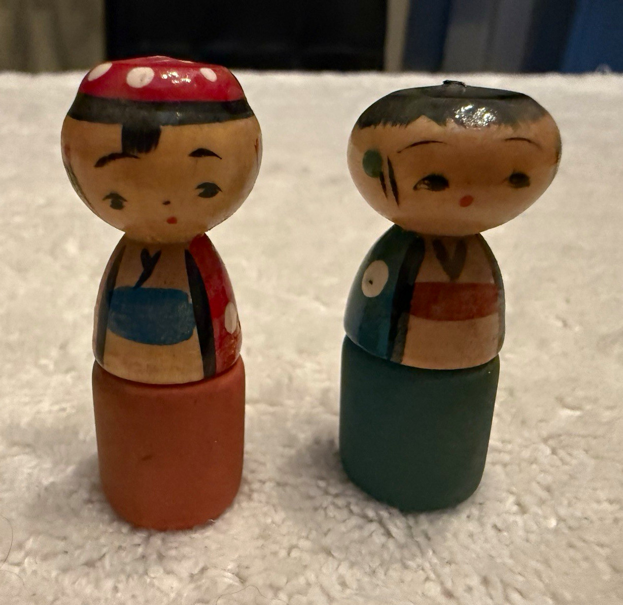 Vintage Japanese Wooden Kokeshi-Style Dolls Figures Pair Marked JAPAN