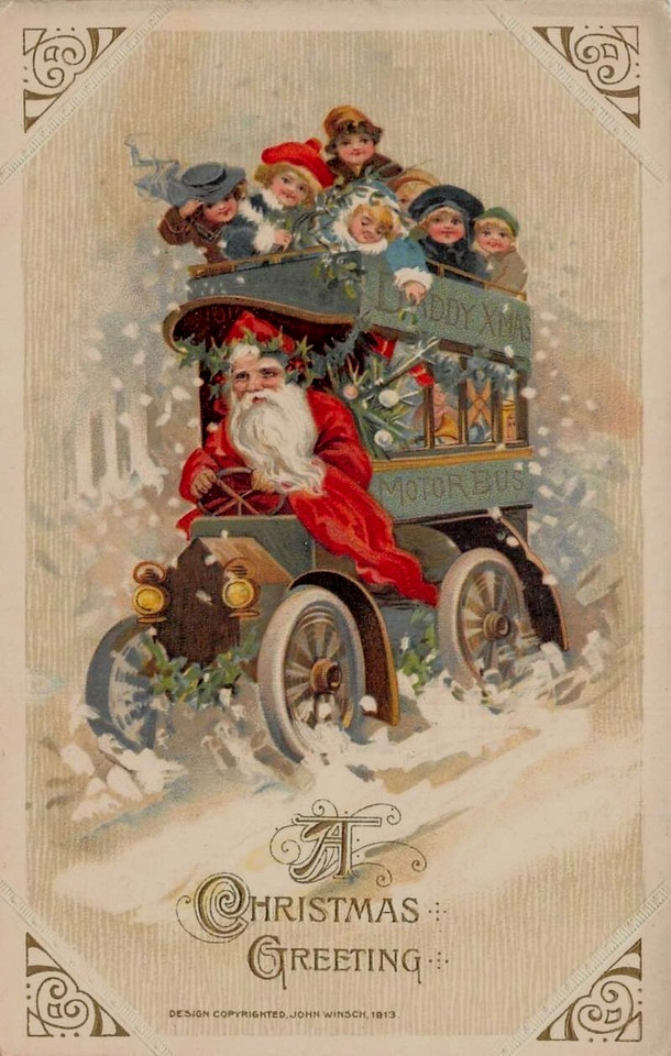 Rare~Winsch~Santa Claus Drives Bus with Children~Antique Christmas~Postcard~s322