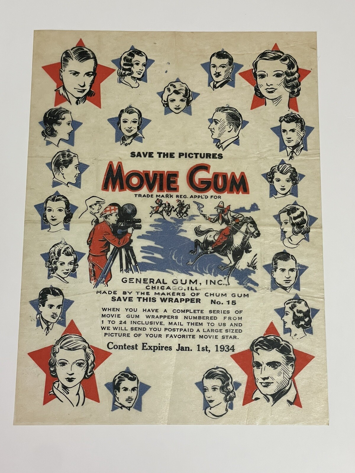 1930’s Movie Gum Wrapper Save The Pictures General Gum INC Chum Gum 1933 R97-2