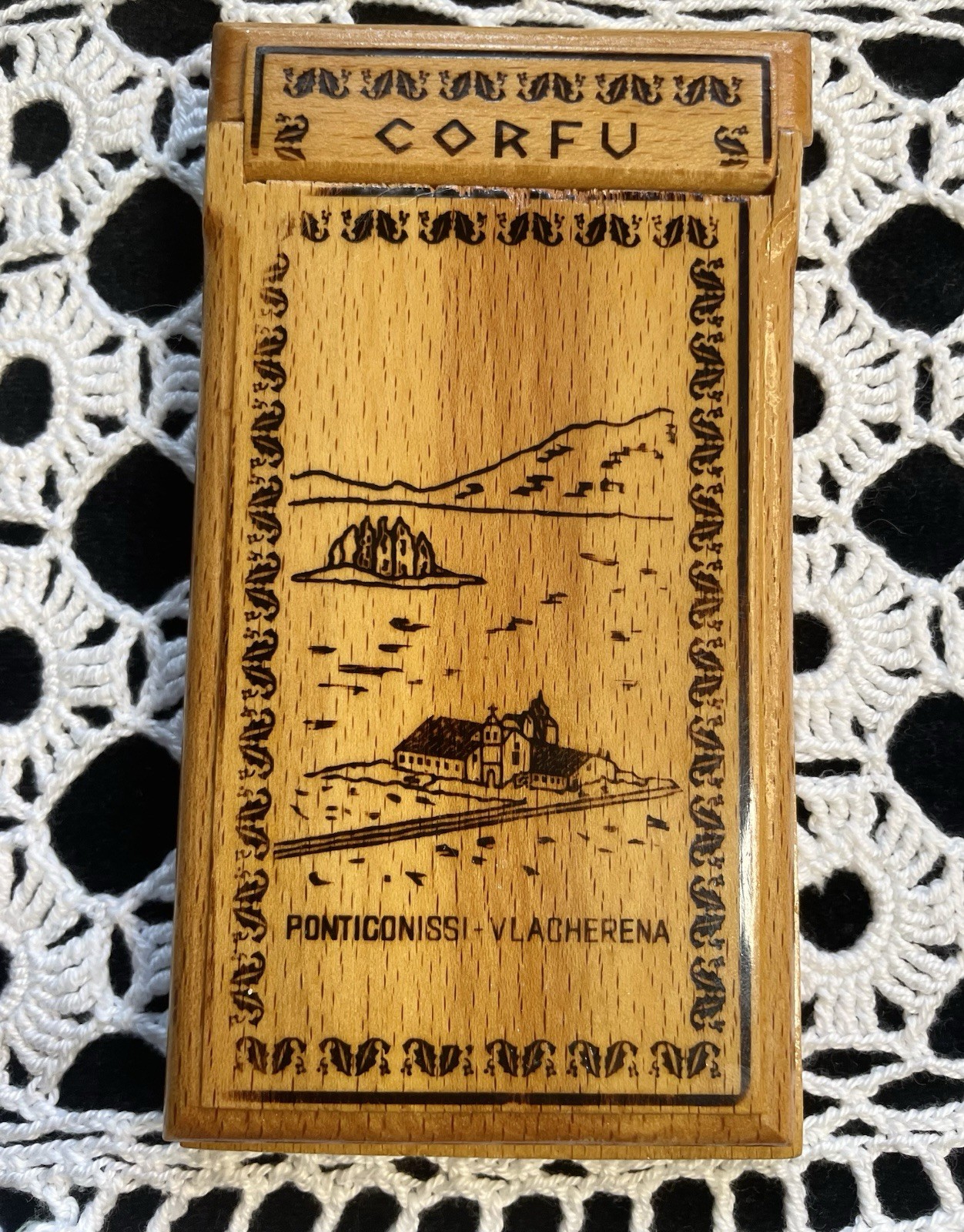 Vintage Greek Olive Wood Notepad Holder Map Kepkypa Corfu Ancient Greece Decor