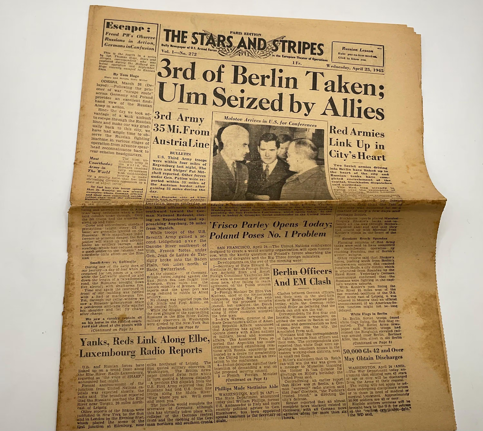 Original Vintage April 25 1945 Stars And Stripes Newspaper 3rd Of Berlin Taken