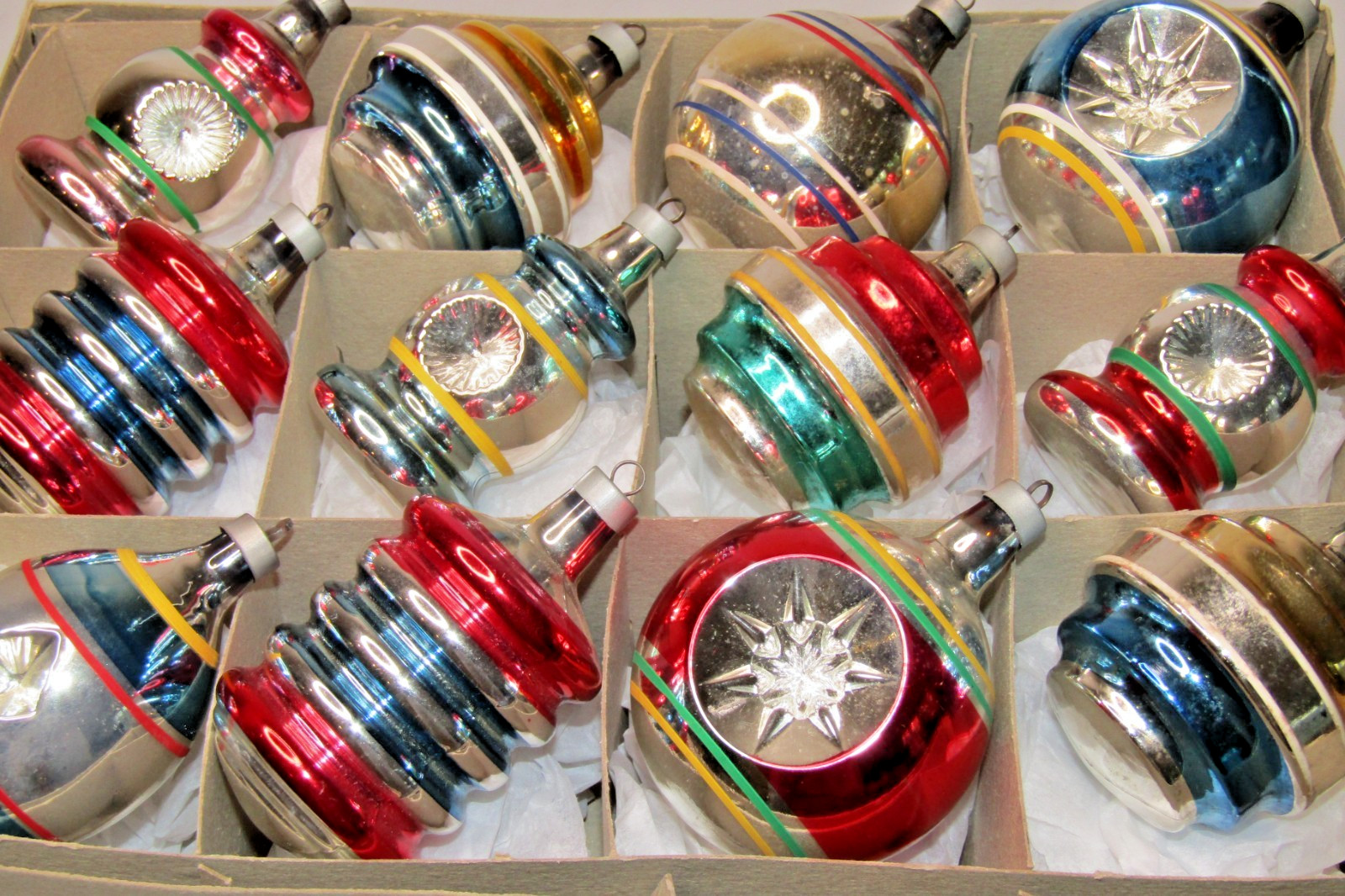 Lot VTG Glass Striped RAILROAD LIGHT TORNADO Indent Christmas Ornaments Premier