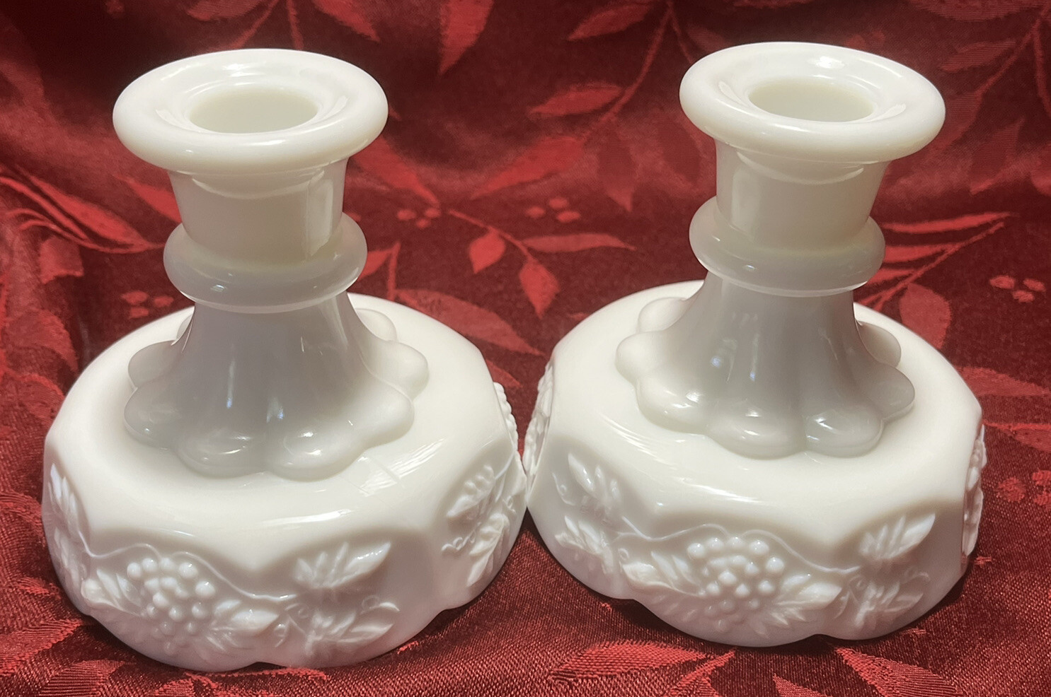 RARE Vintage Westmoreland Milk Glass Grape Cluster Leaves Candle Holders Pair