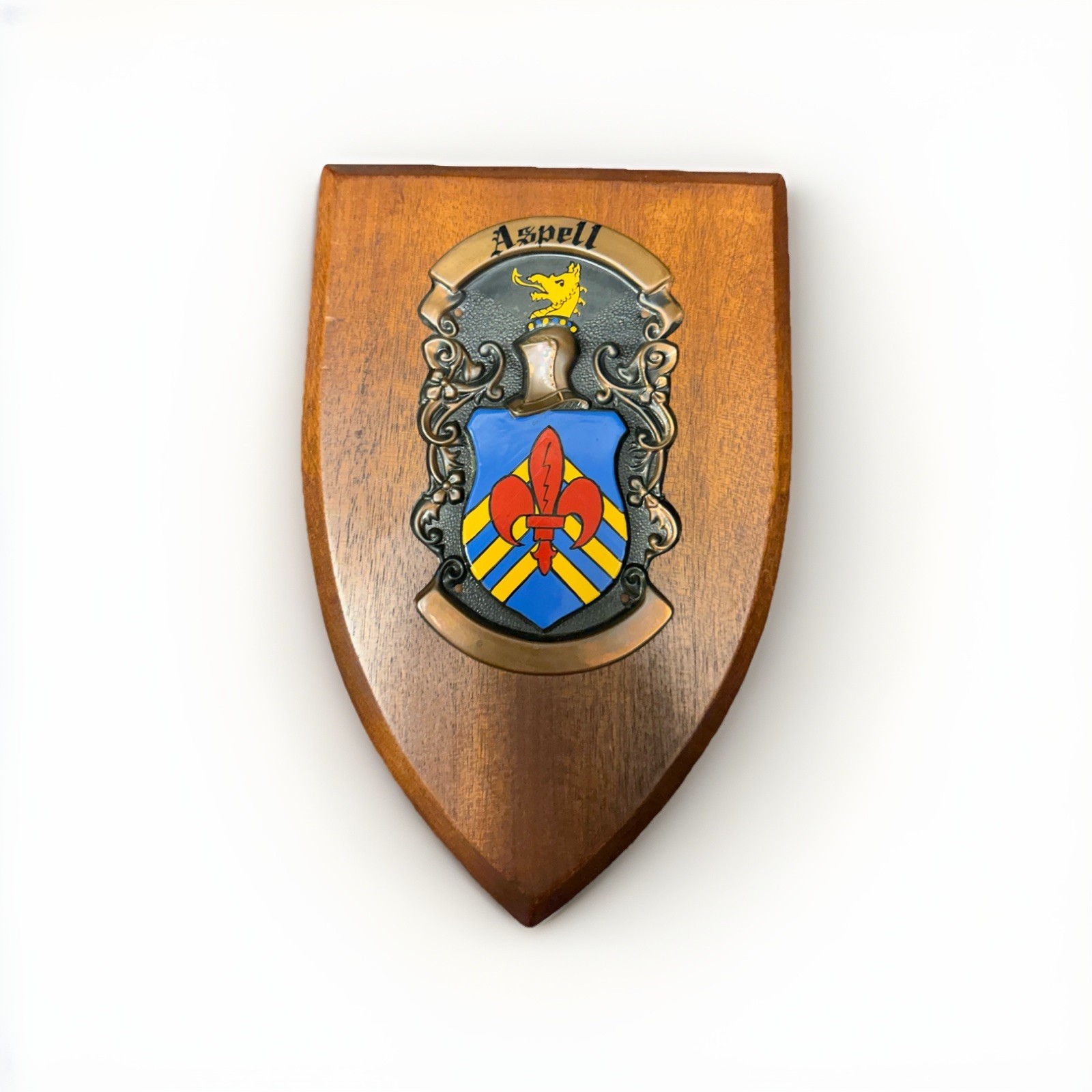 Vintage Aspell Family Crest Coat of Arms Wood Shield Wall Plaque Heraldic Decor