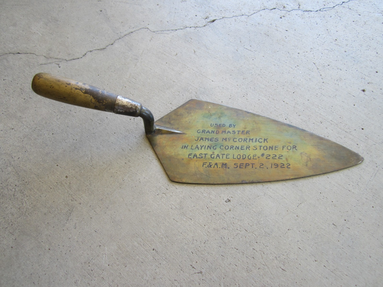 ANTIQUE 1920’s MASONIC CEREMONIAL BRICKLAYING GOLD PLATED TROWEL SPOKANE, WA