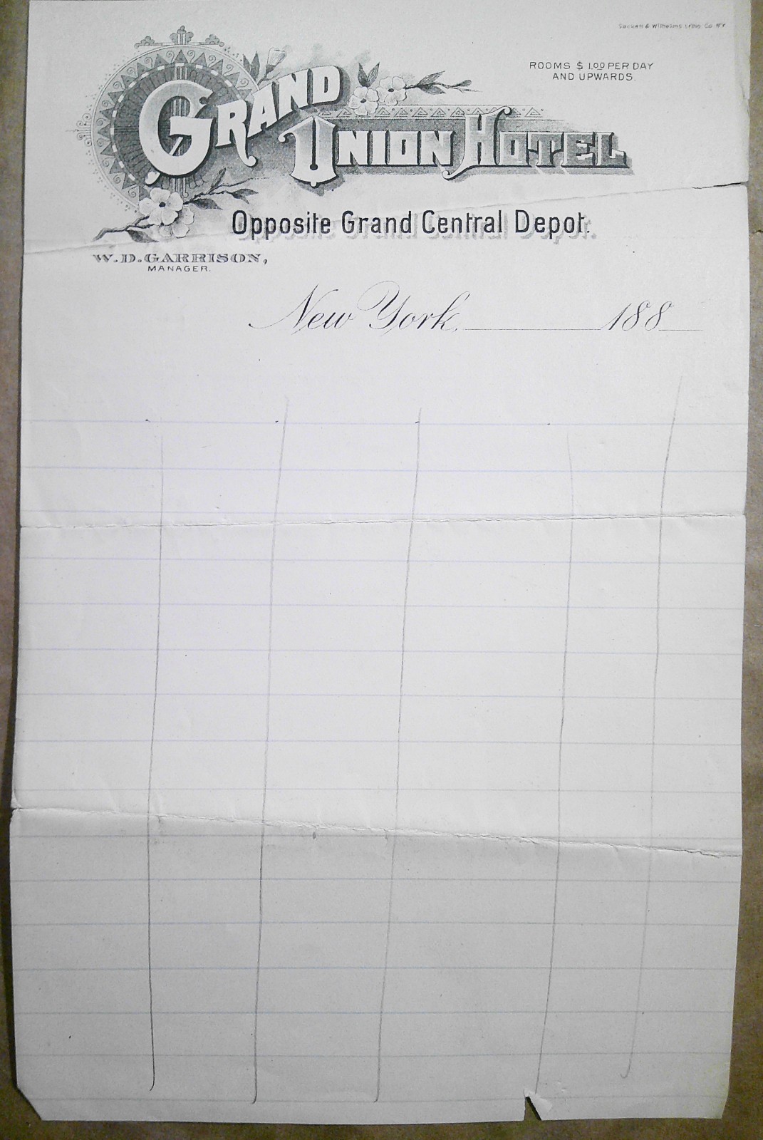 1880s  Grand Union Hotel, New York City Note paper. Military text on verso