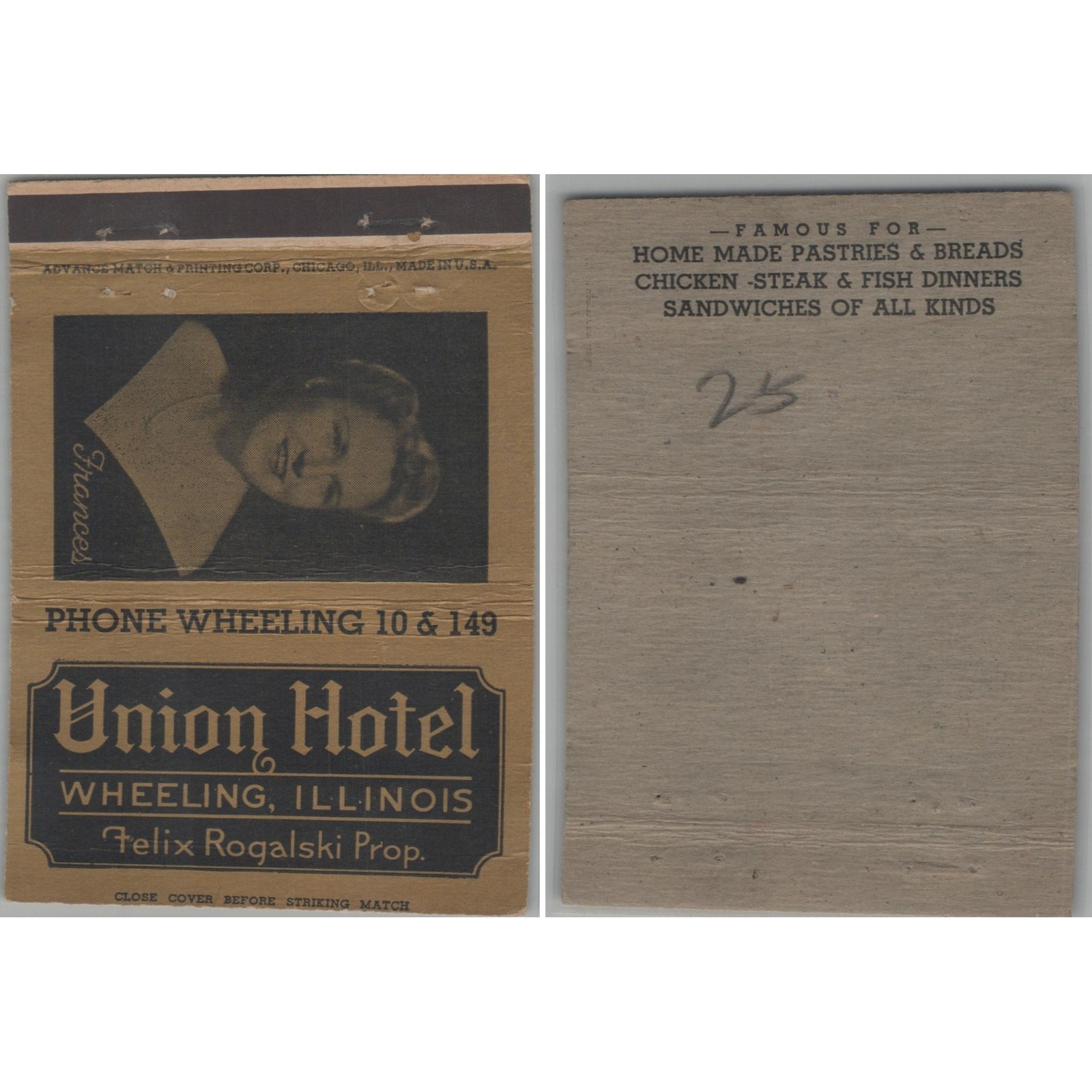 Union Hotel Wheeling IL Matchbook Cover