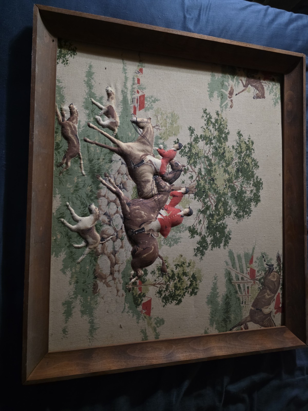Vintage English Fox Hunt Traditional Equestrian 3-d Woven Padded Art Oak Frame Vintage English Fox Hunt Traditional Equestrian 3-d Woven Padded Art Oak Frame