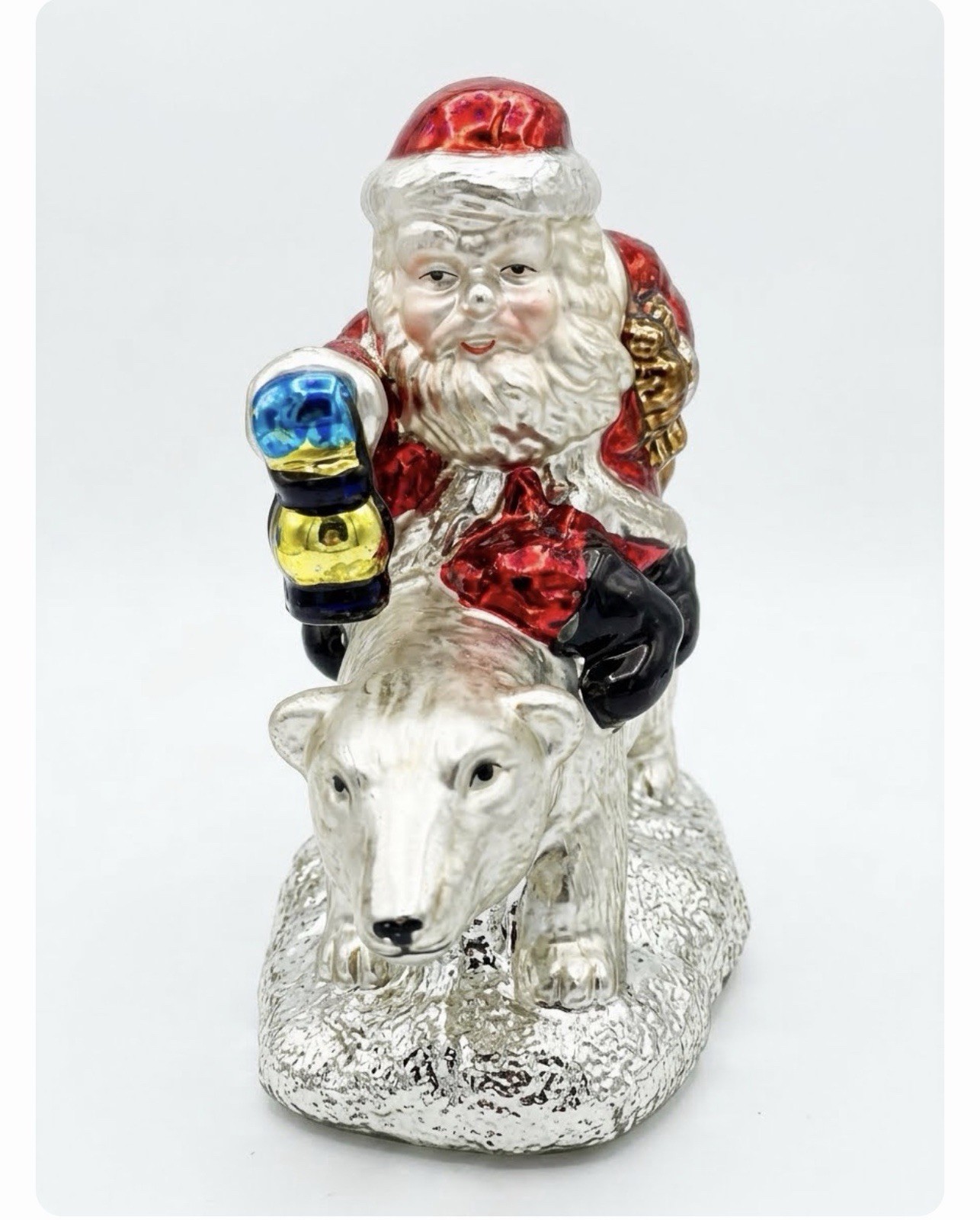 Vintage Metallic Lusterware Ceramic Santa Riding Polar Bear Figurine Mid Century