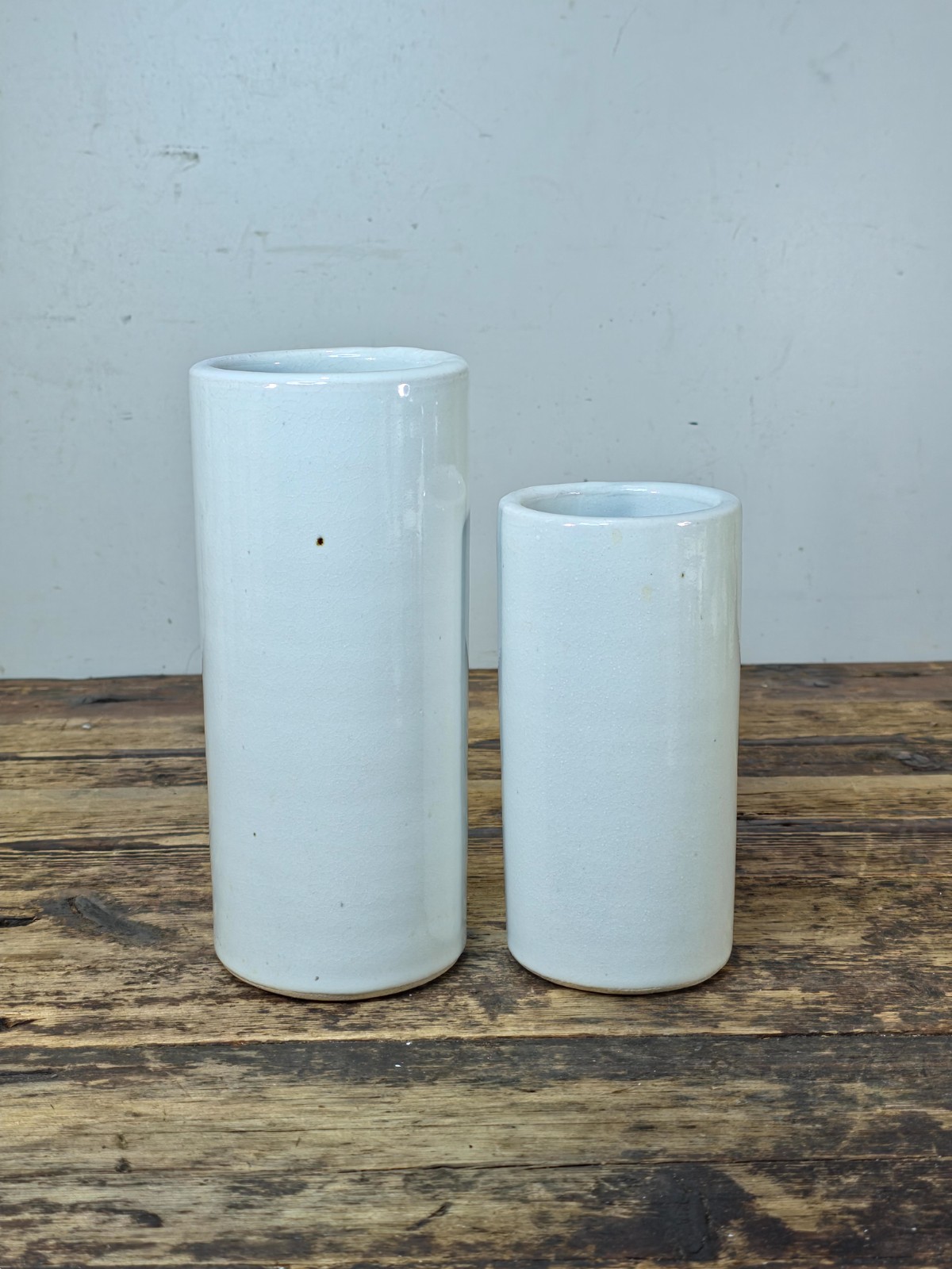 Signed Studio Pottery Vase Pair White Crackle Glaze Cylinders Modernist Style