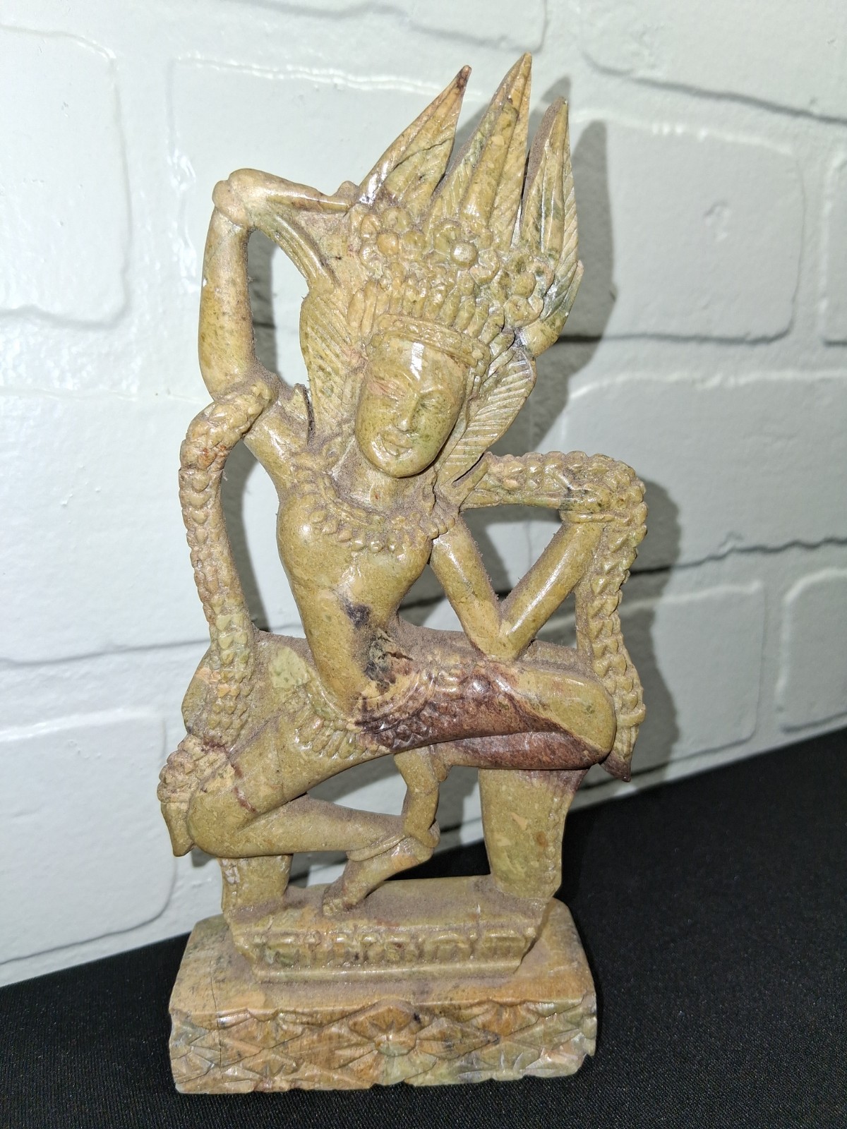 Carved Apsara Statue Asian Celestial Dancer With Snake Khmer Headdress