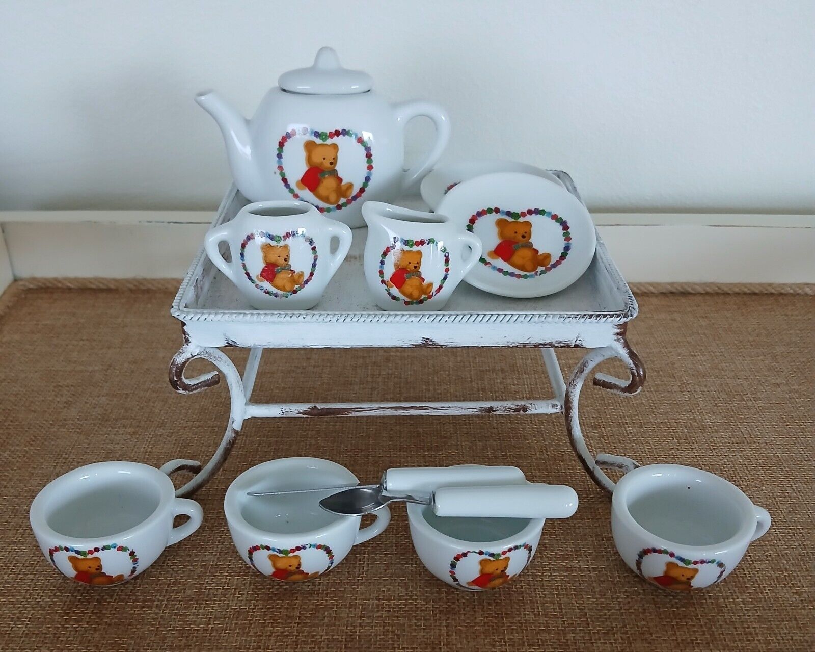 Miniature Tea Set Bear Encircled By Heart Tea Pot Cream And Sugar 3 Plates 4...