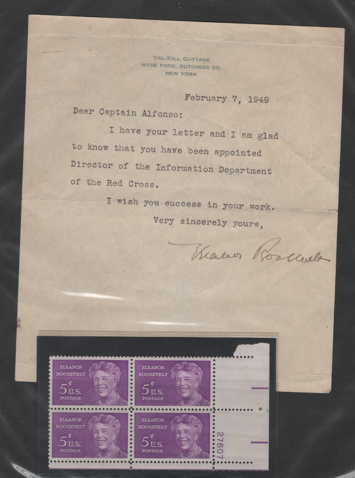 Eleanor Roosevelt Signed Letter Hyde Park  Val-Kill Cottage Duchess Co. 2/7/49