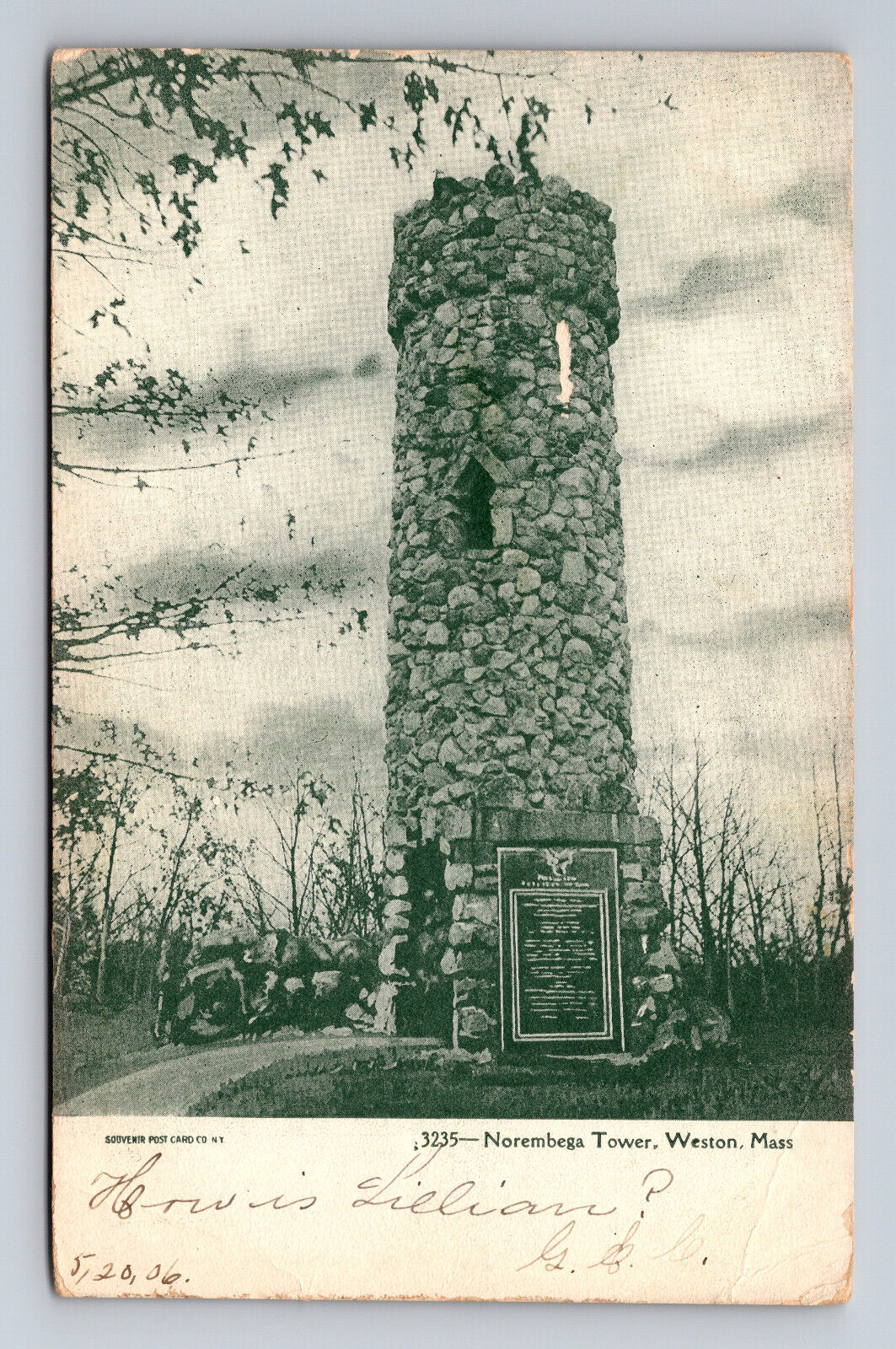 Norembega Stone Tower Weston Mass Postcard Posted 1906 w Franklin 1c Stamp