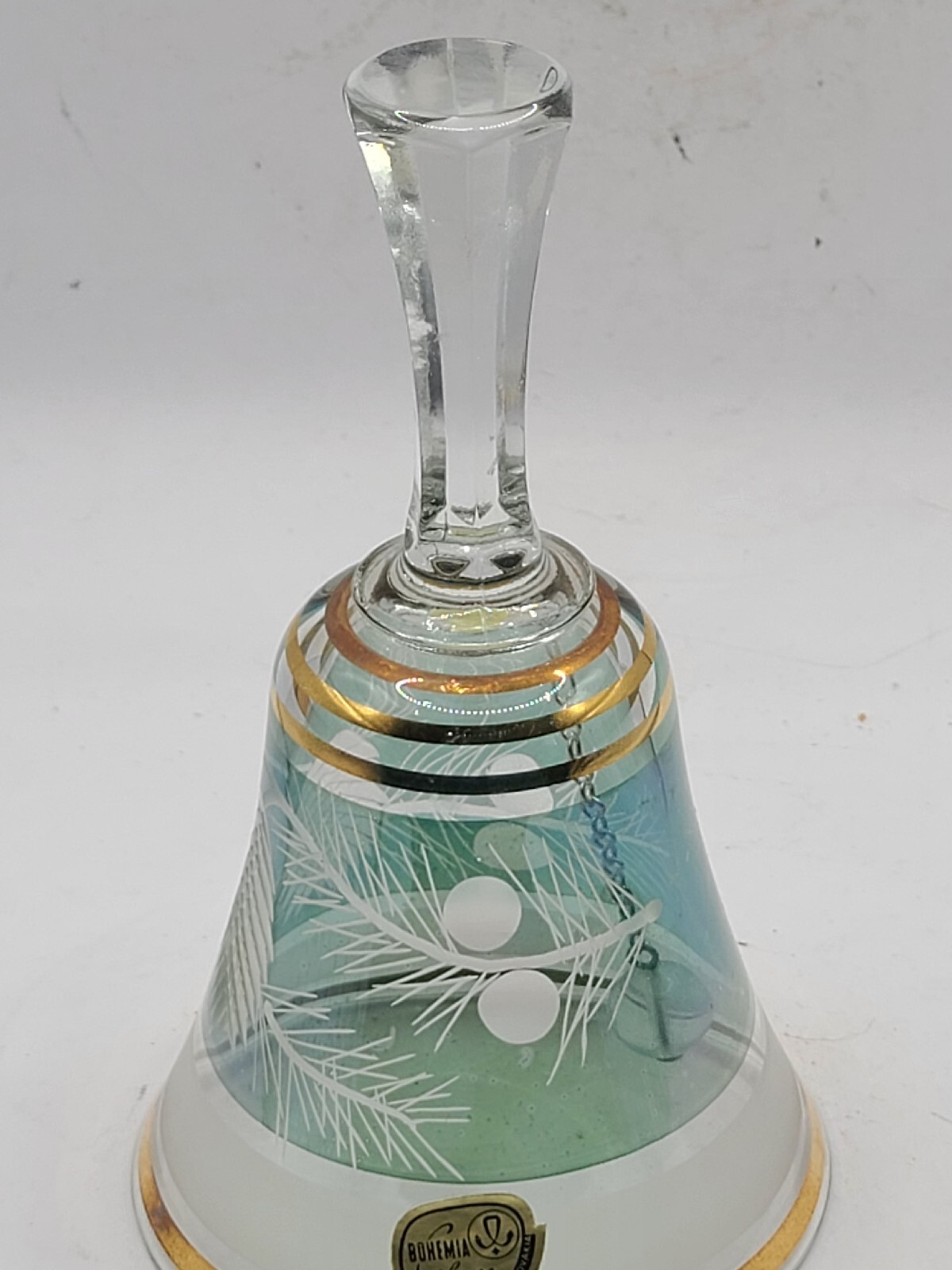 Bell Bohemia glass etched. Gold trimmed. Green with clear. Mid Century.  Vtg