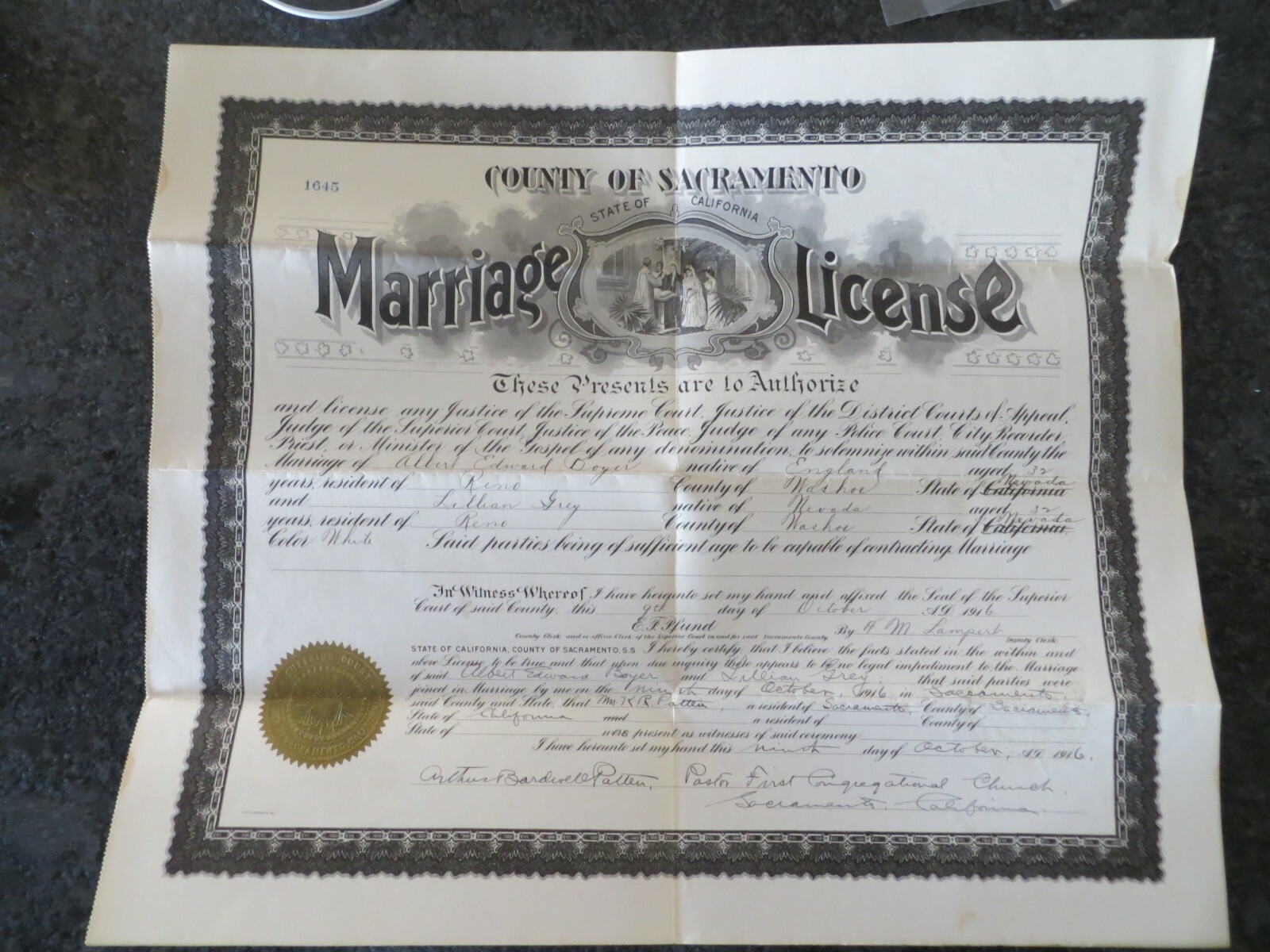 Large Vintage 1916 California Marriage License w Leather Cover 14 1/2 x 17 inch Large Vintage 1916 California Marriage License w Leather Cover 14 1/2 x 17 inch