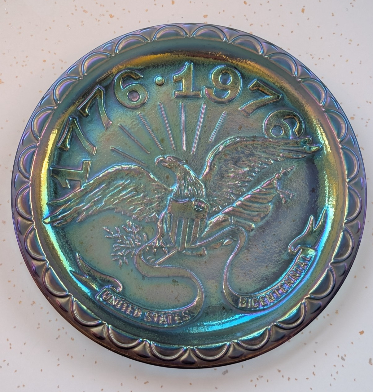 Indiana Glass Co Bicentennial American Eagle Plate Blue Carnival Glass