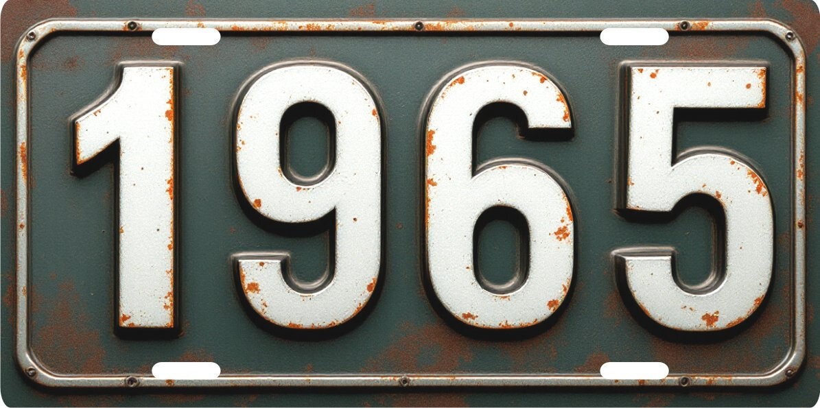 1965 Flat Text Rusty License plate for Dodge, Ford, Chevrolet antique vehicle