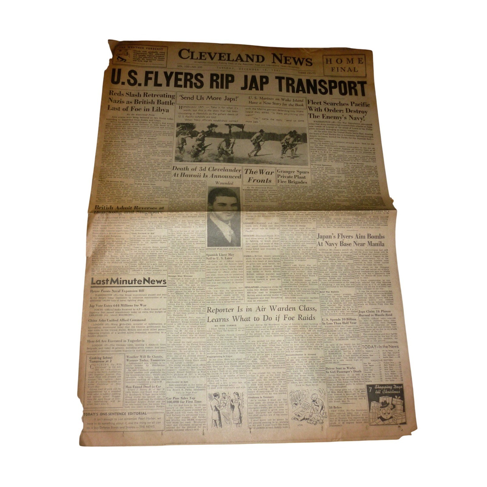 Vintage Dec 16 1941 Cleveland News Pearl Harbor Submarine Wirephoto Draft 19-44