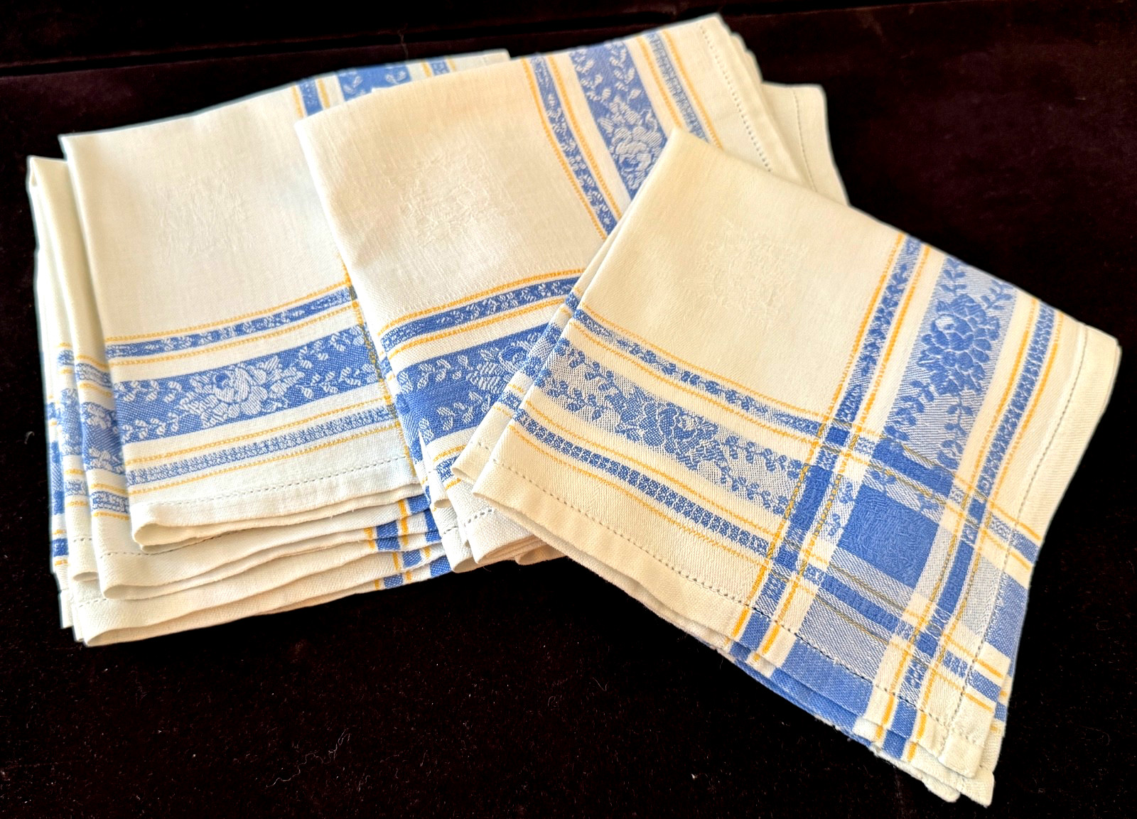 12 Vintage French Jacquard Luncheon Napkins in White, Blue & Yellow  B391