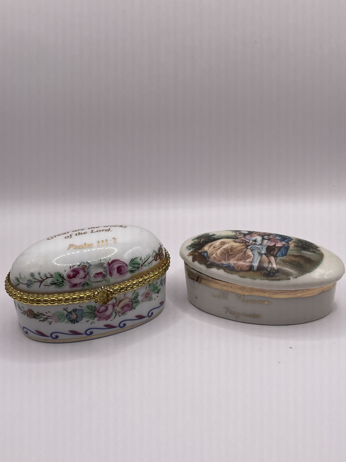 Box Lot of 2 Vintage Porcelain Top Painted Hinged Trinket Pill Boxes Stash Box