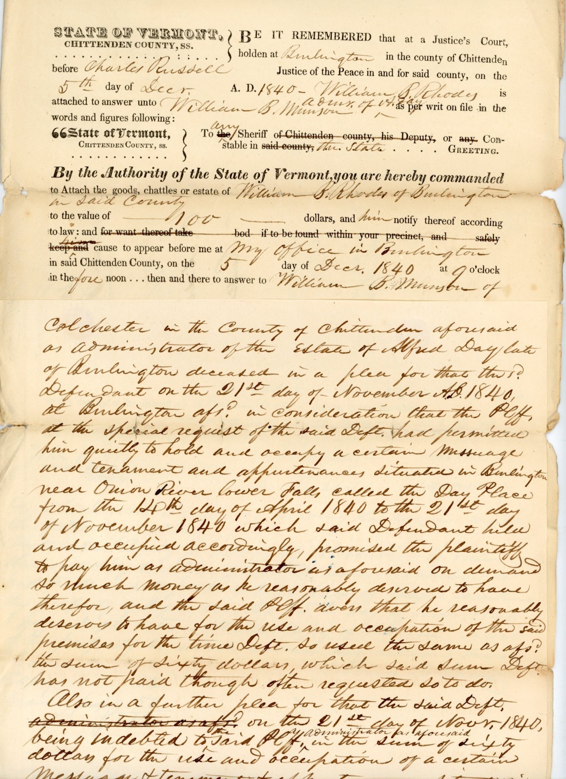 1840-1841 Vermont Legal Document Colchester Burlington Debt Case Attachment