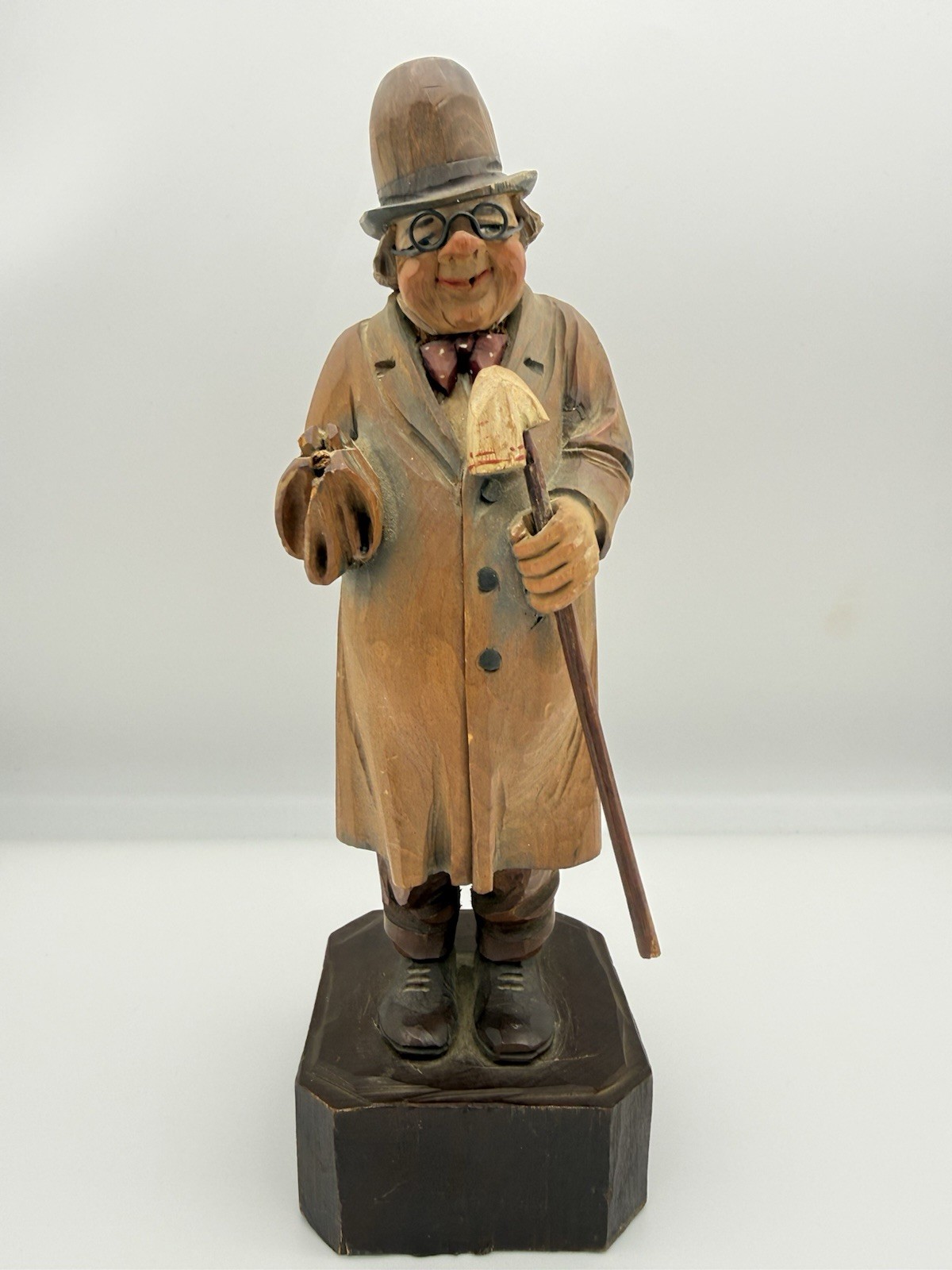 Vintage European? Carved Wooden Gentleman Figurine.Top Hat  glasses  & Umbrella.