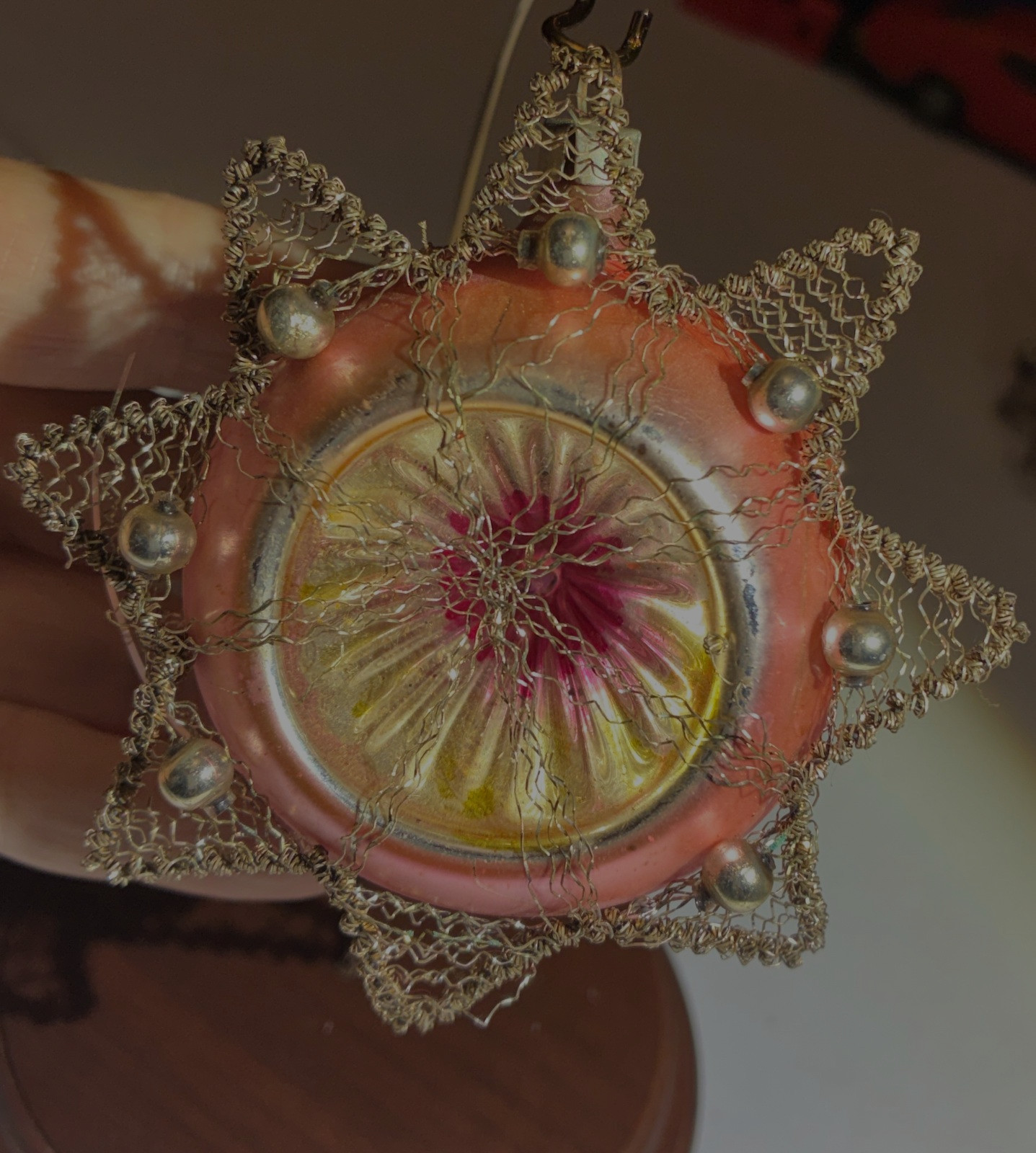 Antique 1920s Wire Wrap Peach Indent Glass Christmas Ornament Made In Germany