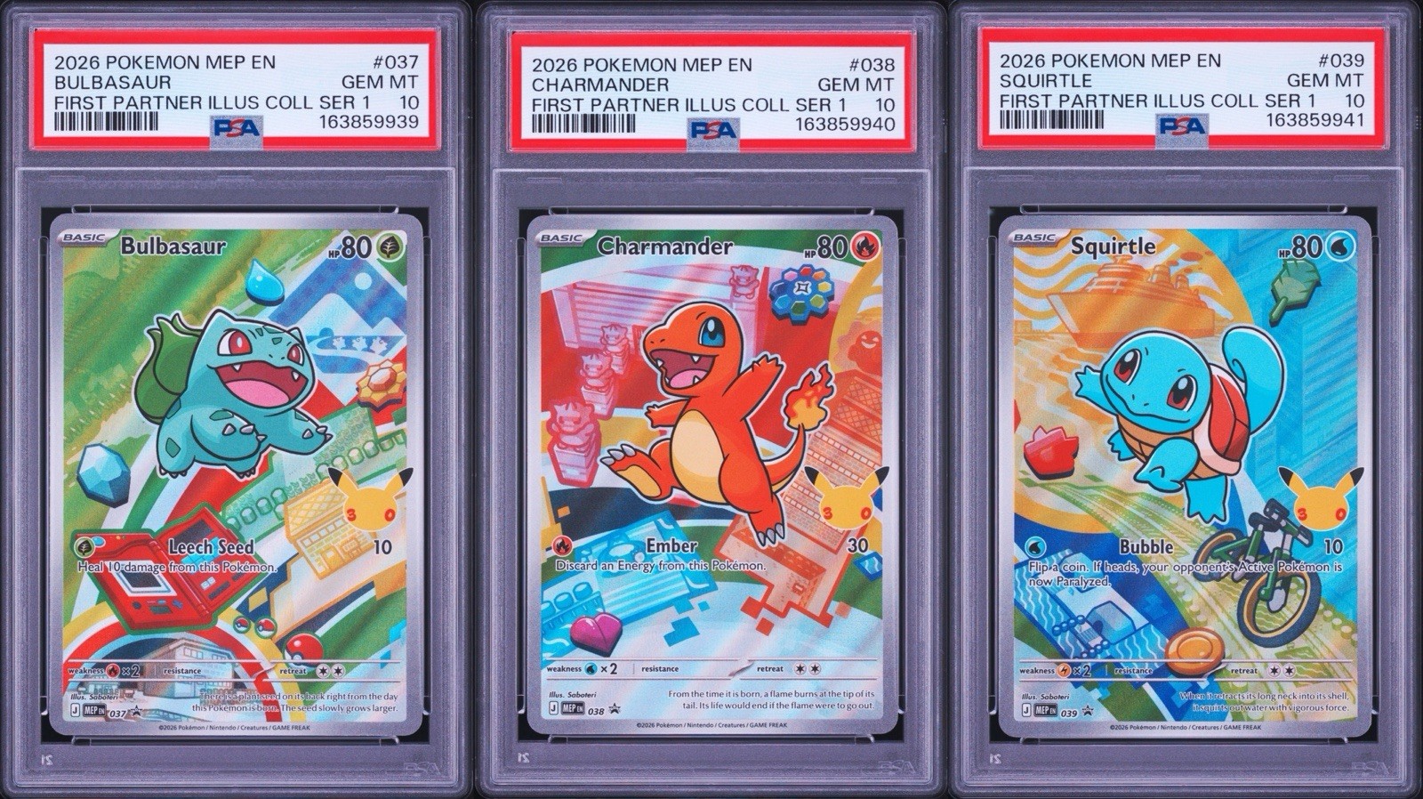2026 Pokemon First Partner Kanto Set PSA 10 SEQUENTIAL SET Bulbasaur charm. Squi