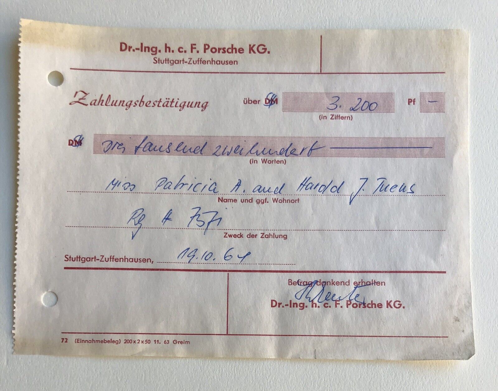 Vintage PORSCHE Receipt Of Purchase Dr.-Ing. Stuttgart 1964 Germany