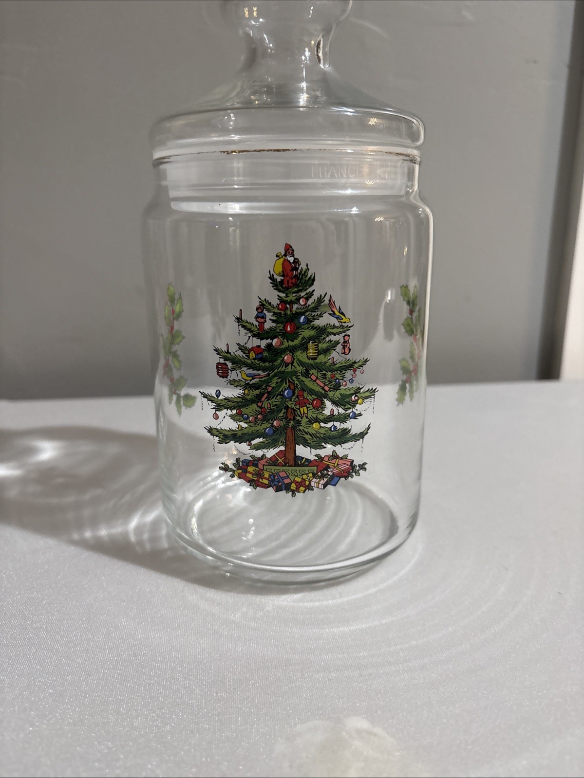 Vintage Spode Christmas Tree Glass Jar with Lid 8”