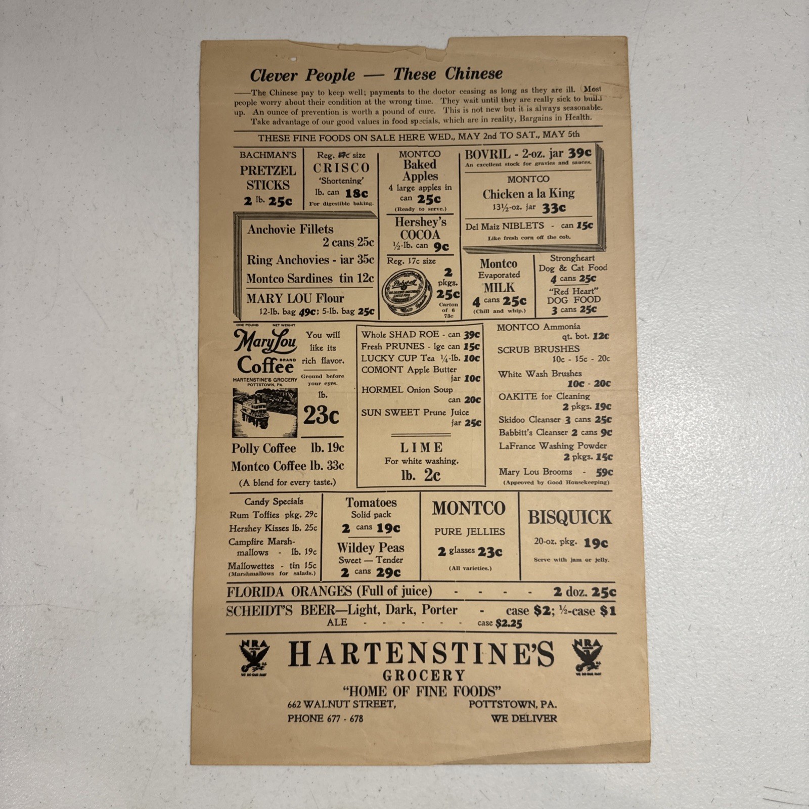 Vintage Hartenstine’s Grocery Store Flyer Pottstown, Pa.