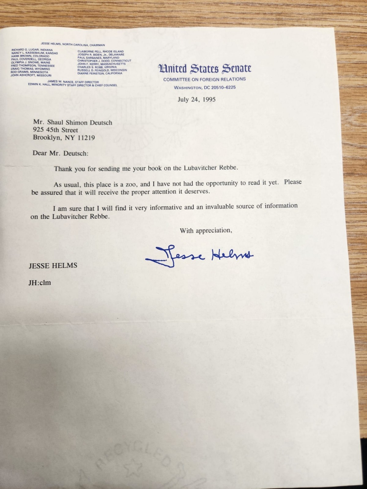 1995 Jesse Helms Signed Letter Senate Foreign Relations Chair Chabad Lubavitch