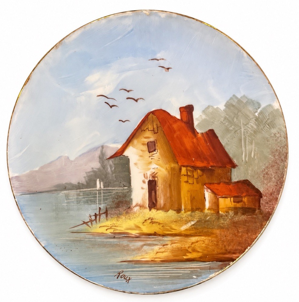 Antique Limoges France Plate Hand Painted SCARCE Cottage Cabin Lake Signed Roux