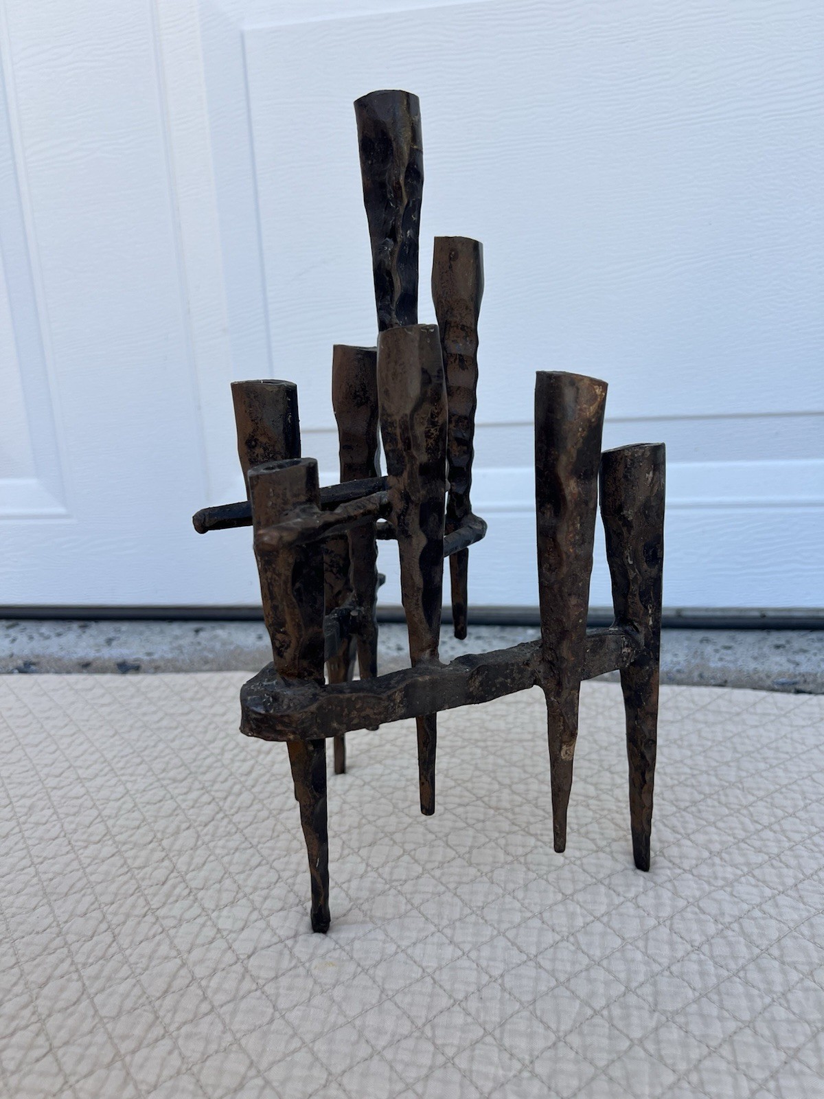 Vintage David Palombo Mid-Century Brutalist Metal Menorah Candle Holder, 11.5
