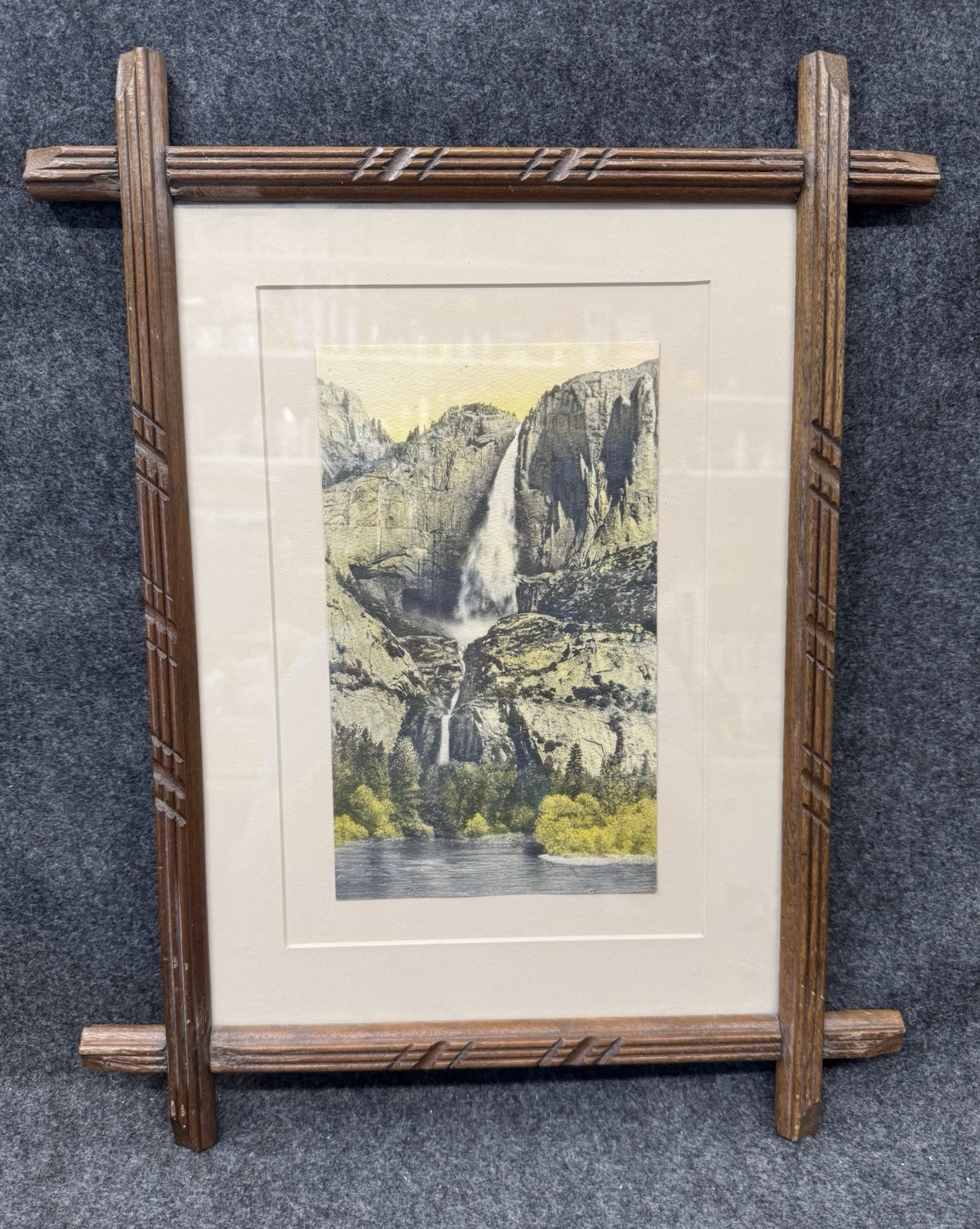 Yosemite Falls Antique Hand Tinted Photo in Wood Cross Frame ~ c1910