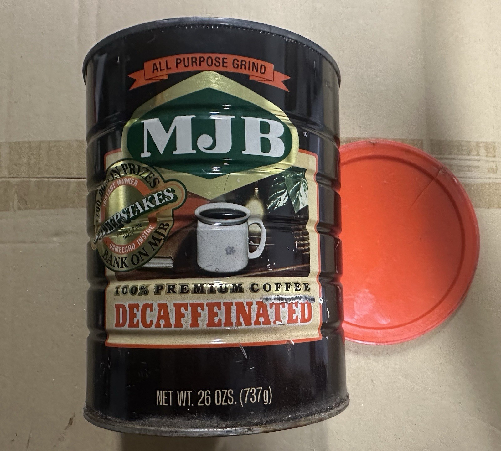 Vintage MJB Decaffeinated 26 Ozs. (737 G) Empty Coffee Can With Lid