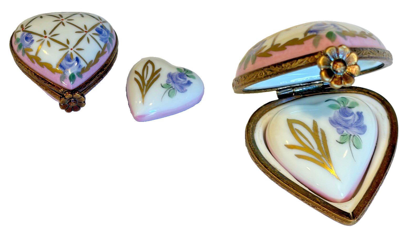 Limoges France Peint Main Box Heart Shape Gold Violet Rose Floral w/Trinket Rare