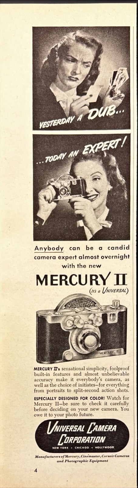 1946 Universal Camera Mercury II Vintage Print Ad Candid Camera