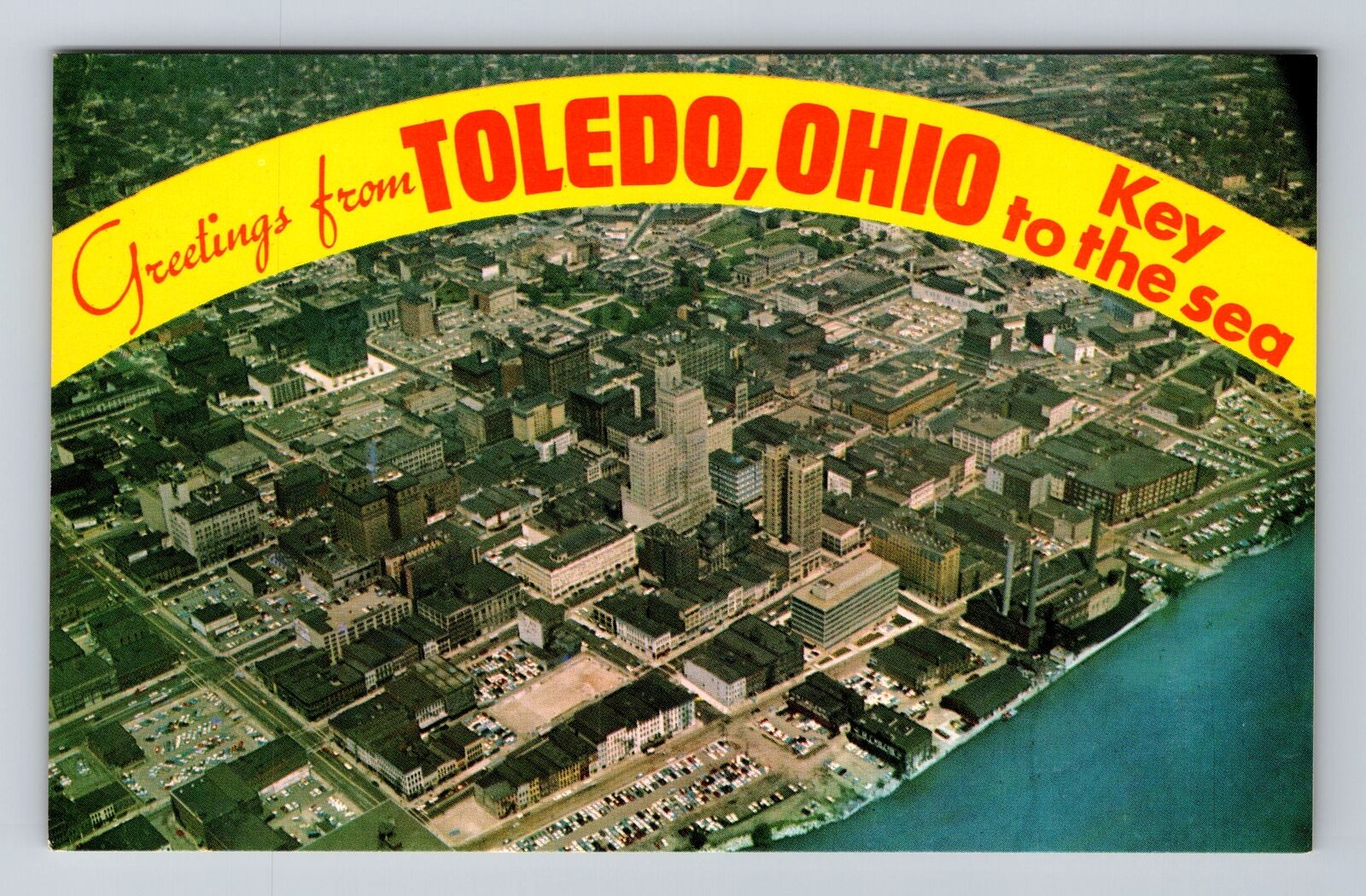 Toledo OH-Ohio, Aerial Of Downtown, Banner Greetings, Vintage Postcard