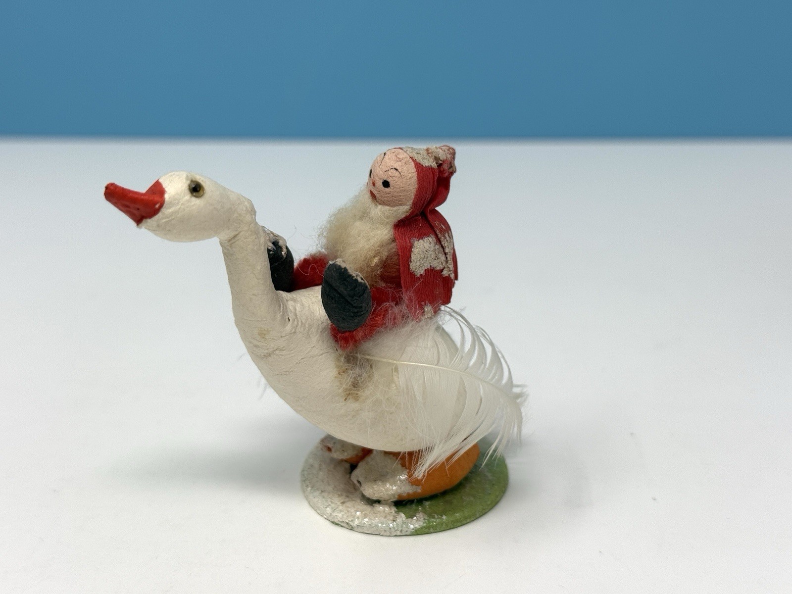 Vintage Spun Cotton, Chenille, Putz Santa Riding Goose w/ Feathers & Glass Eyes