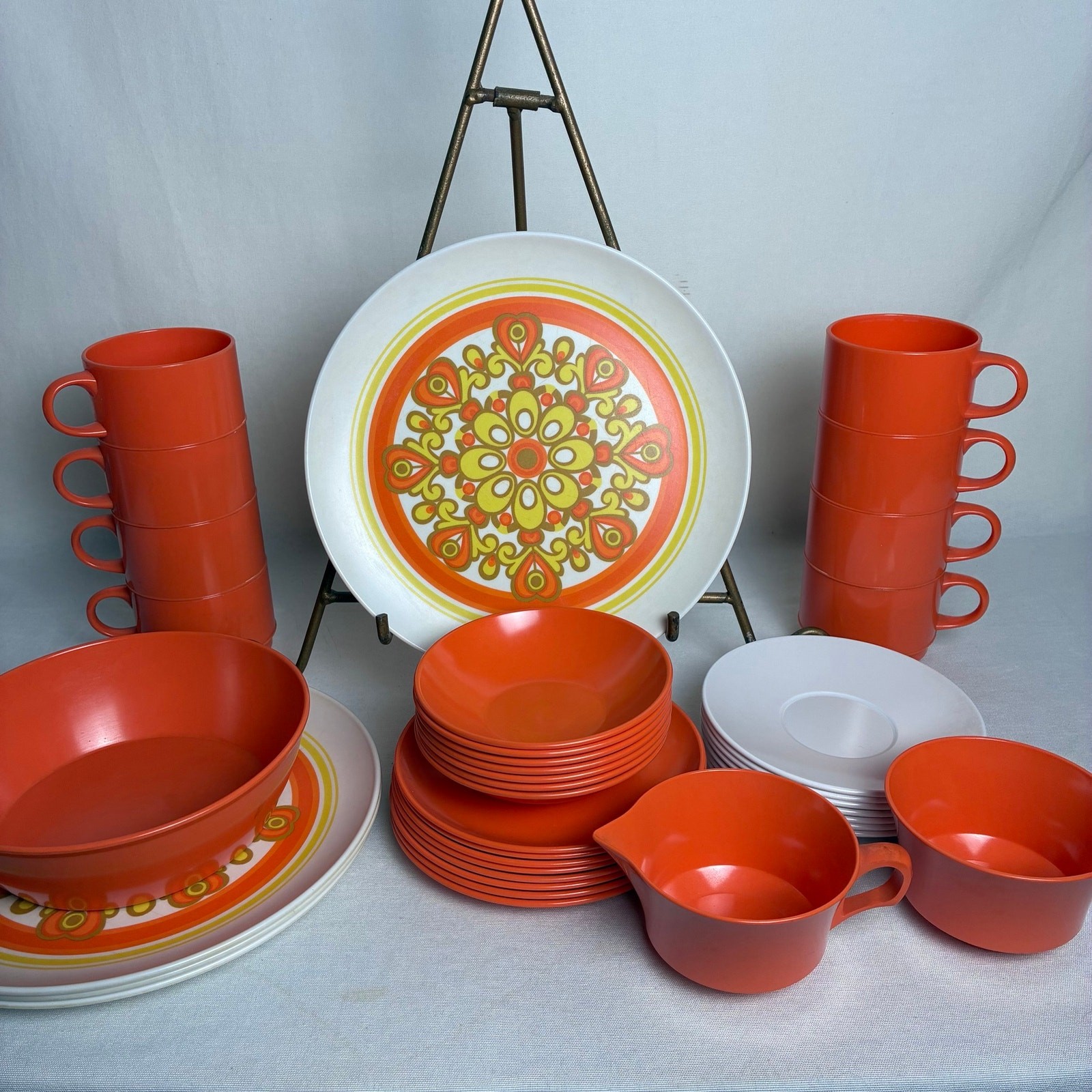 Vintage 60s 70s Melmac Melamine Orange Mandala Dinnerware Set 37 Pc MCM Mod