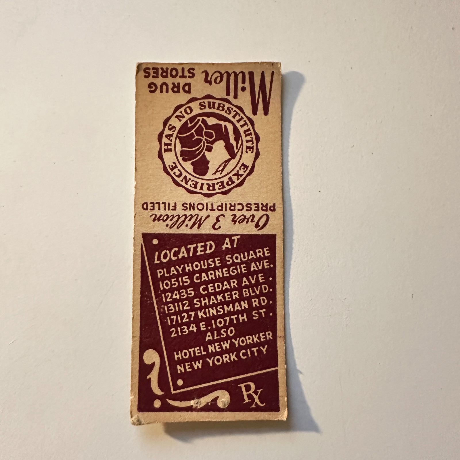 Miller Drug Stores Hotel New Yorker NYC Vintage Matchbook Cover 5MB132-4