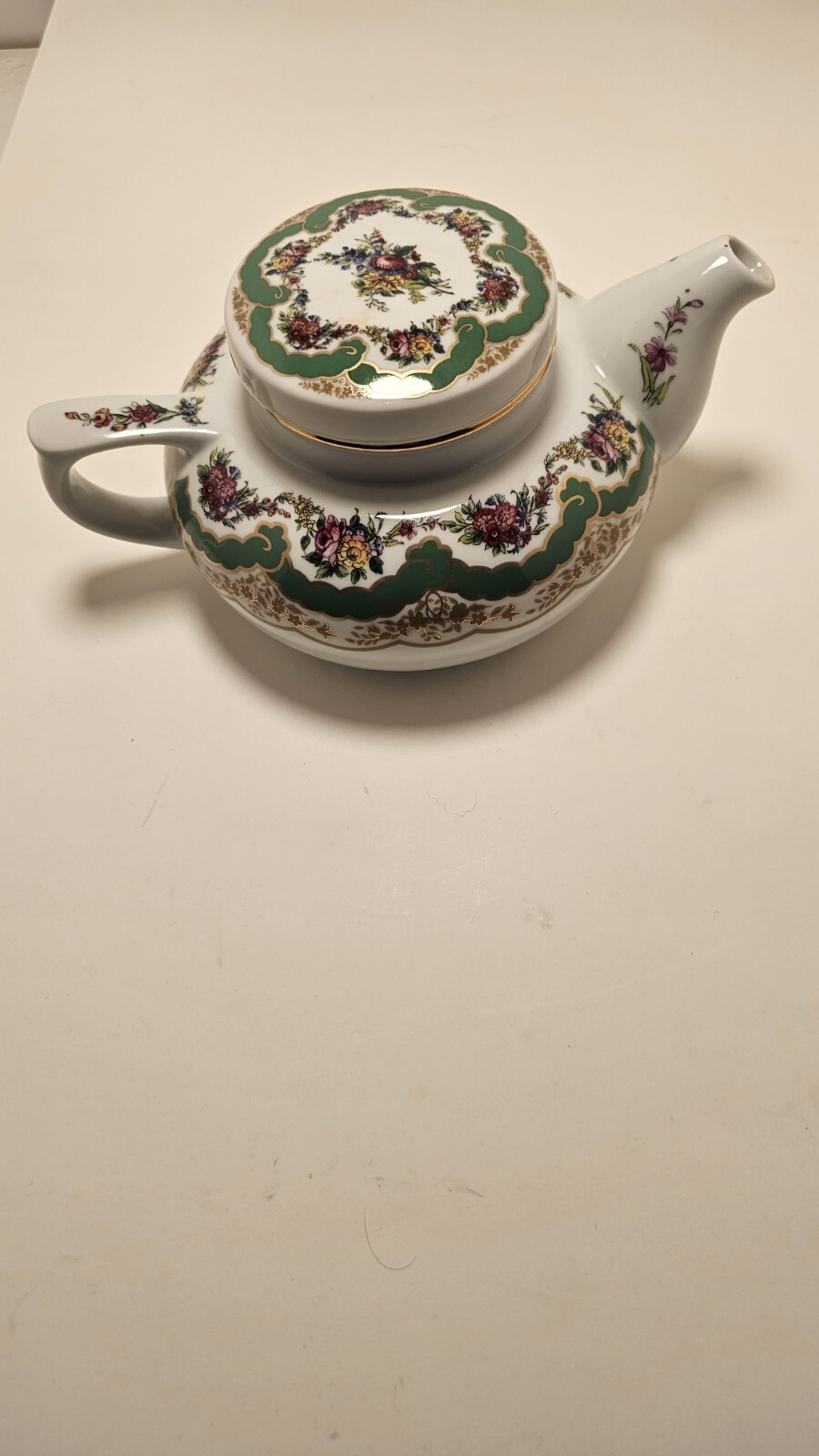 Andrea By Sadek Teapot Porcelain Green & White Floral Pattern Gold Trim On Rim
