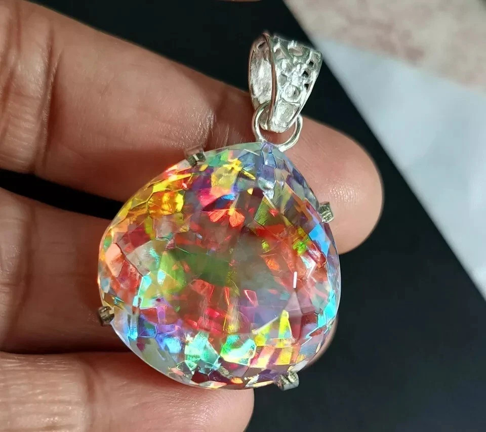 Natural Rainbow Mystic Topaz Pear Cut 100 Ct 925 Sterling Silver Pendant