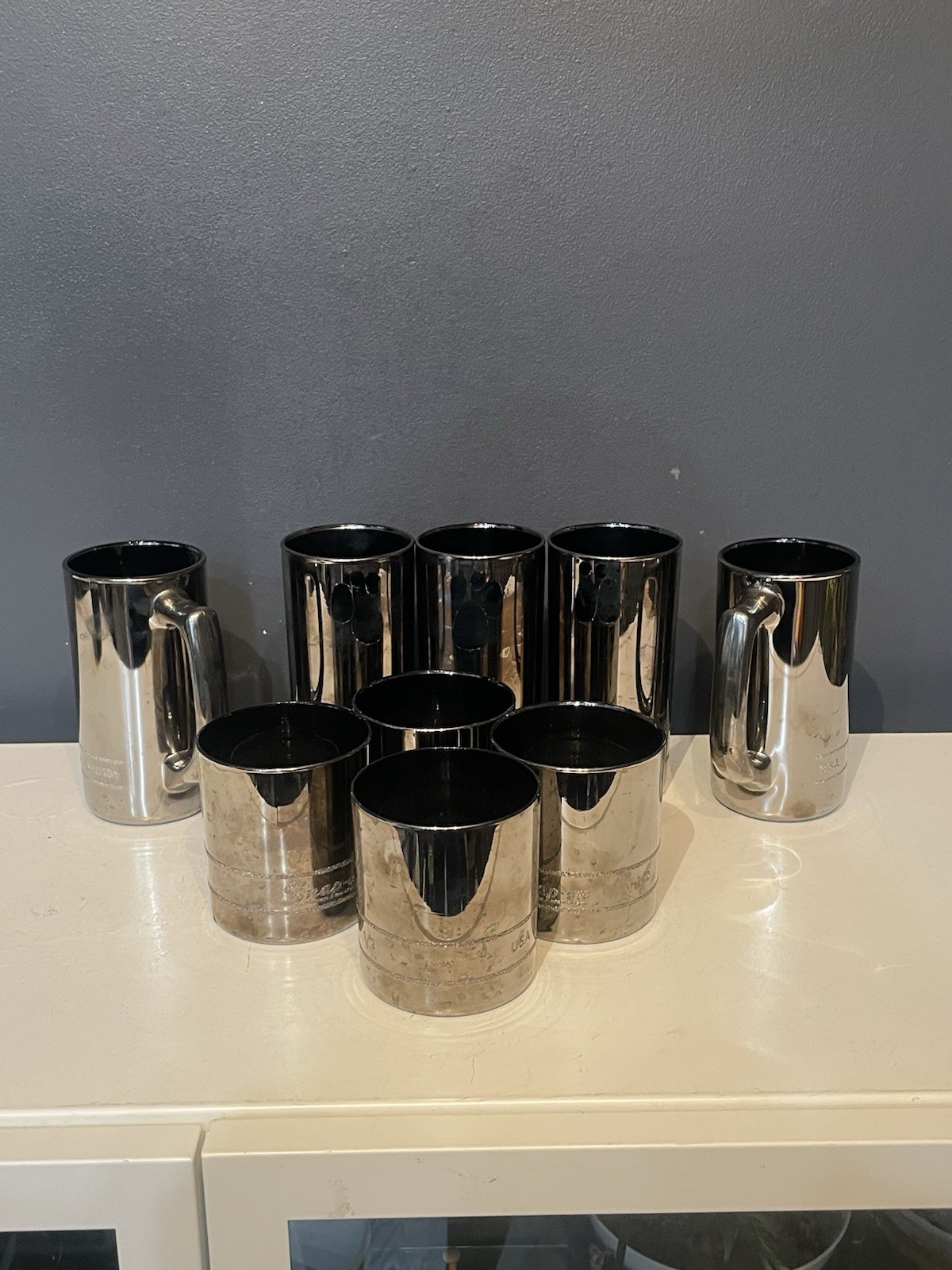 Vintage Snap-on Tools Barware Set 9 Chrome Smoked Glass Tumblers Mugs SFS USA