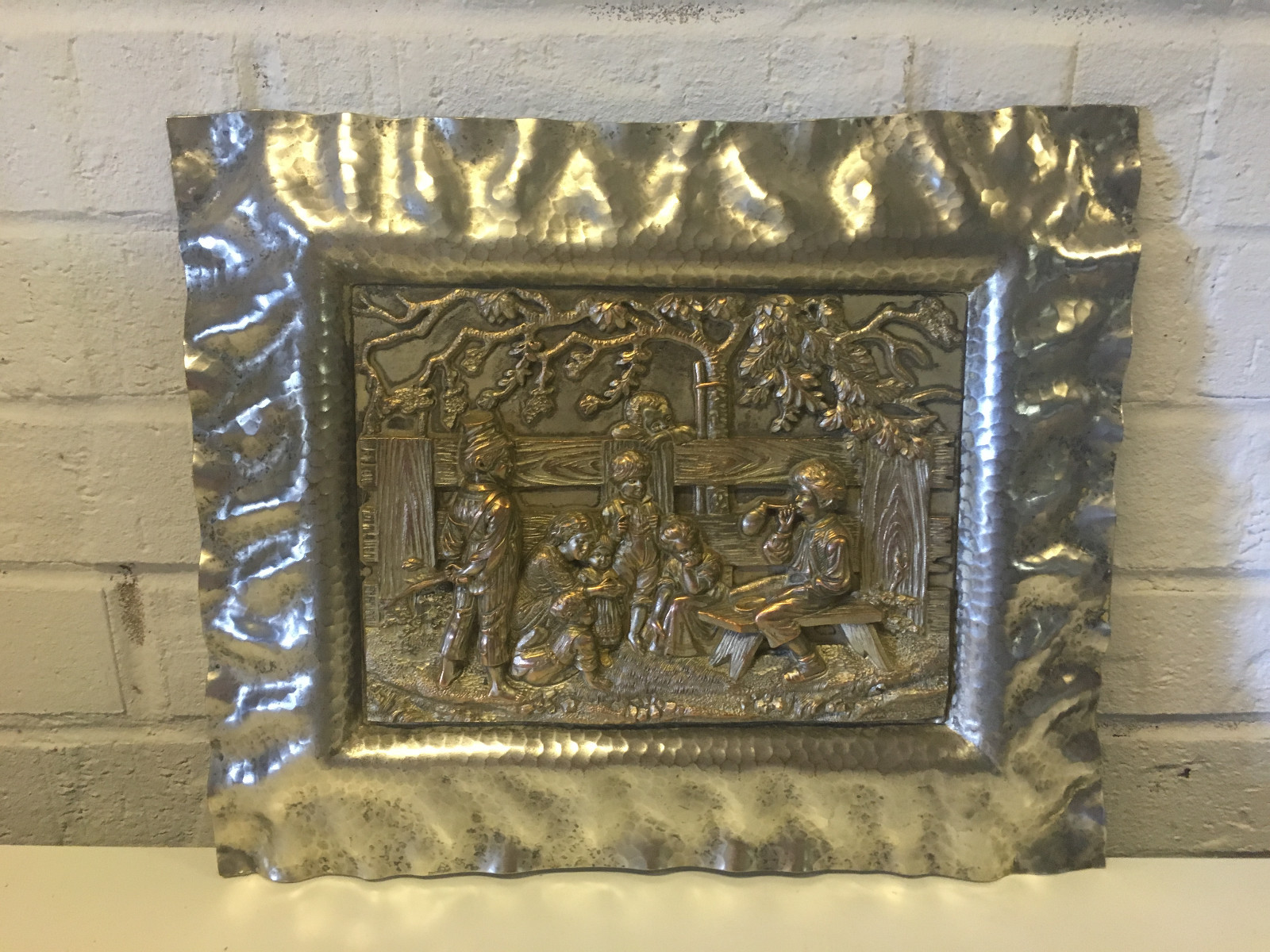 Vtg Antique Likely European Metal Plaque w Children & Woman Dec. Hammered Frame