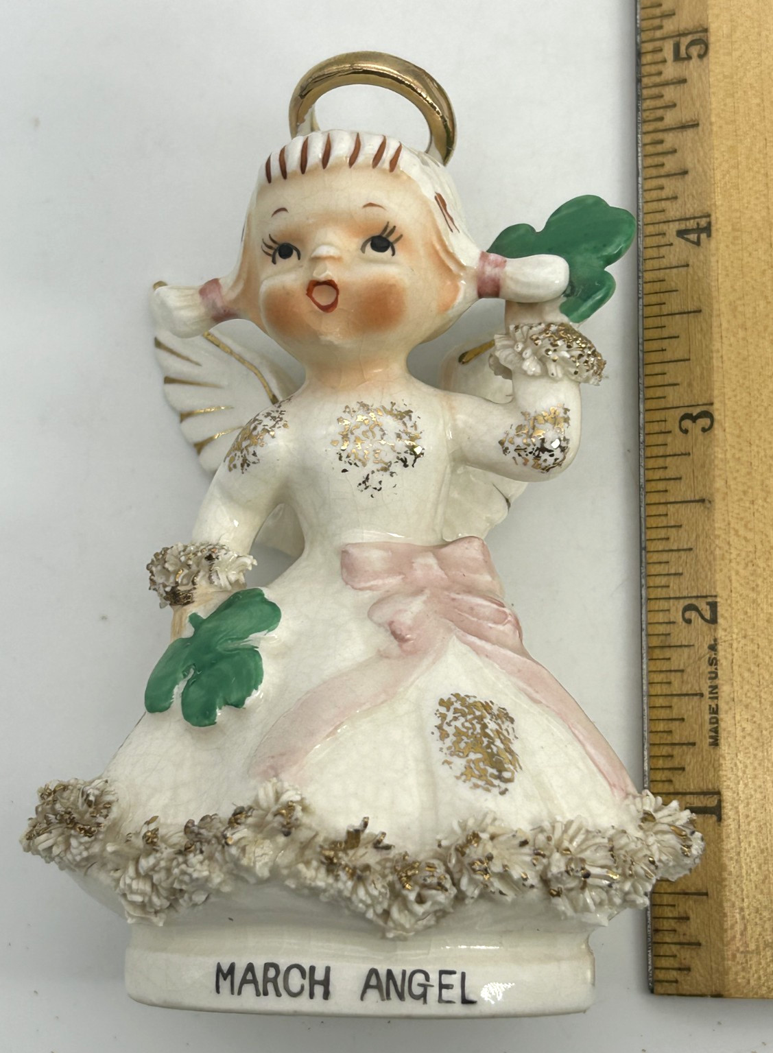 VTG Lefton March Birthday Girl Angel Figurine AR1987 Shamrock Clover w/Sticker