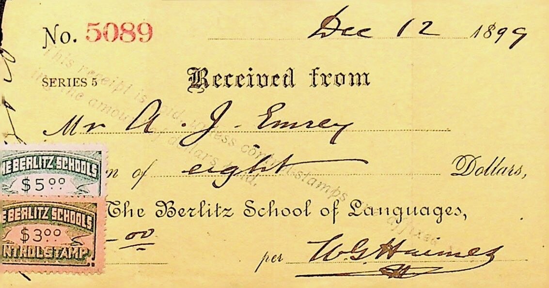 1899 THE BERLITZ  SCHOOL OF LANGUAGES ORIGINAL RECEIPT WITH STAMPS - KK-22