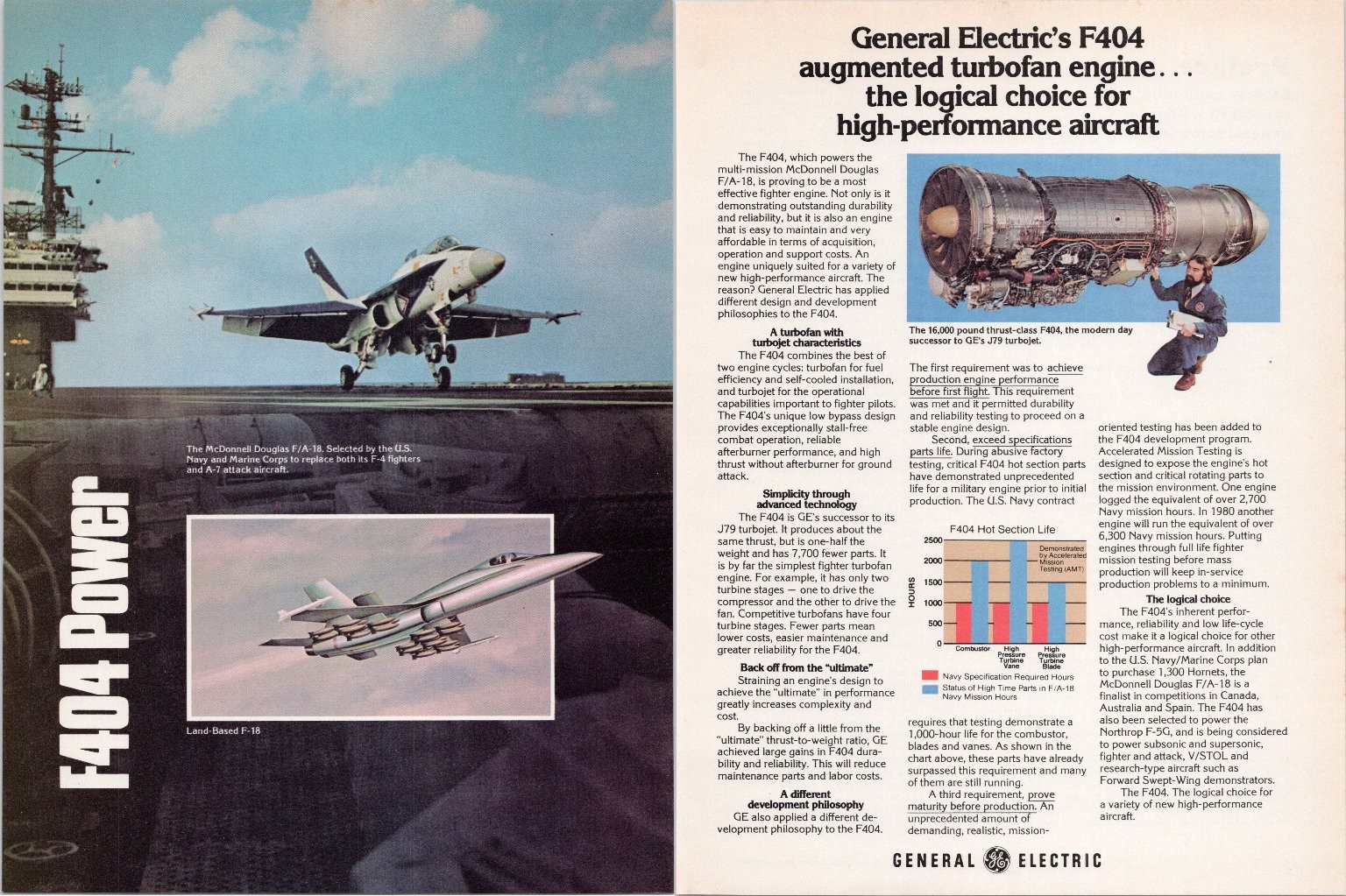 General Electric F404 Turbofan Engine F/A-18 Vintage 1980s 2pg Magazine Ad Print